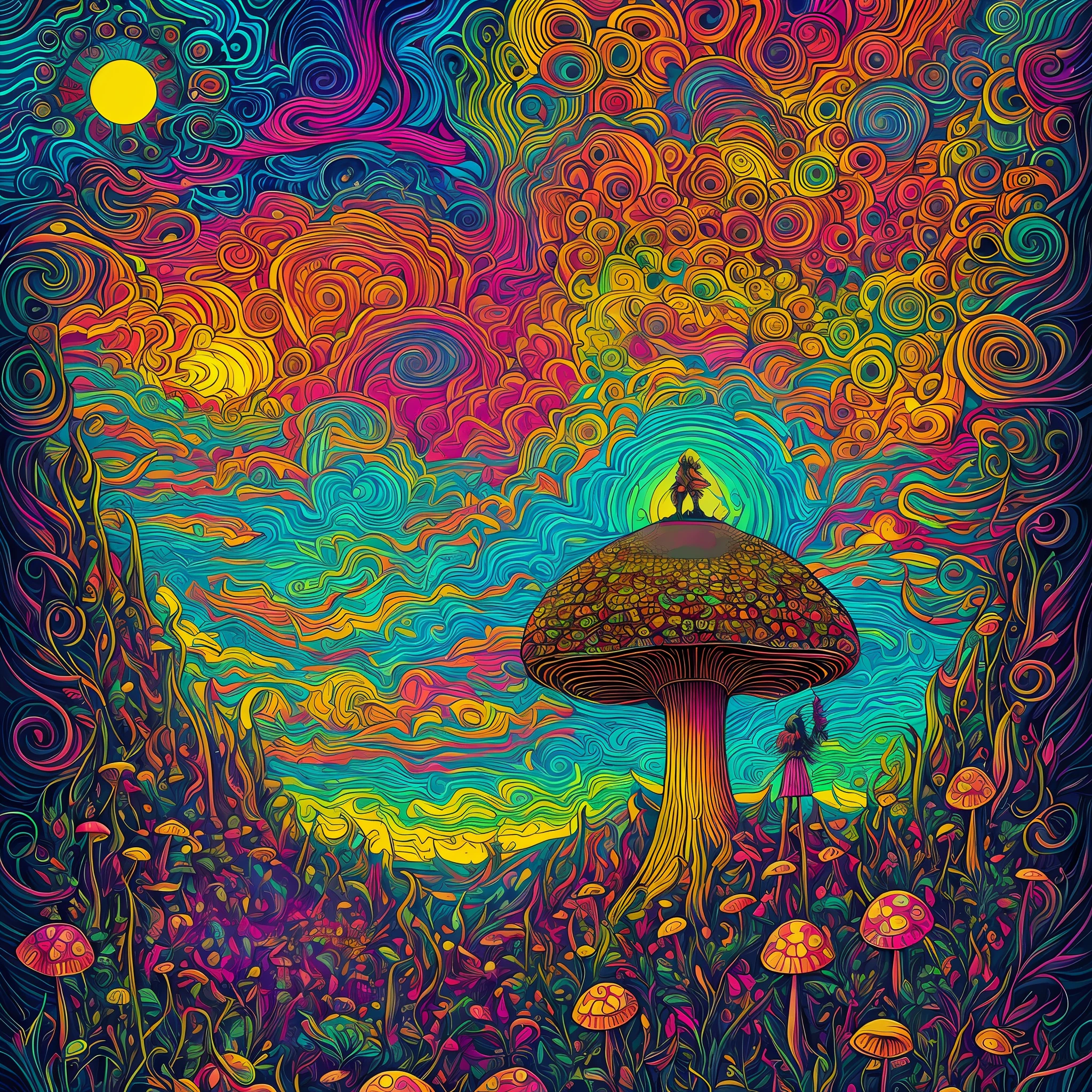 a mushroom head standing on a hill with a bunch of magic mushrooms with cannabis sativa leafs and a sky composed of colorful psychedelic mandalas, Arte Trippy, psychedelic mushrooms dream, psychedelic illustration, cogumelo trippy, psychedelic trip, psychedelic acid trip, psychedelics, psychedelic mushrooms, just take a pinch of psychedelic, psychedelic style, Dan Mumford e Alex Grey Estilo, psychotropic psychedelic, psychedelic art style, psychedelic artwork, psychedelic surreal art, psychedelic aesthetic, folhas de cannababis no jardim, and the sky composed of mandalas --auto