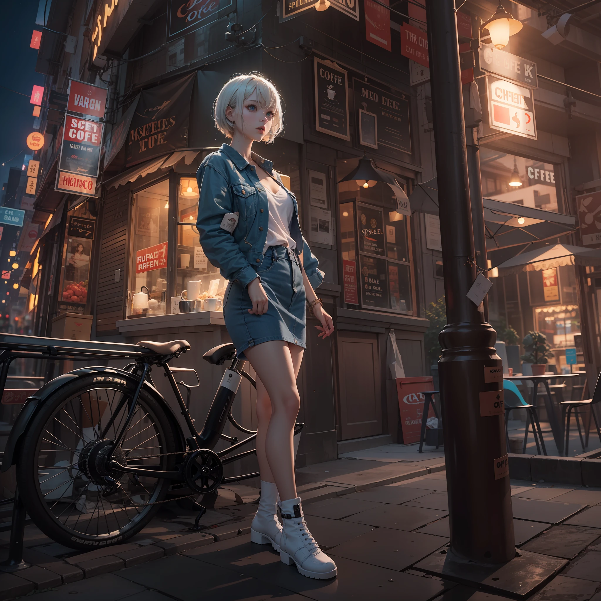 tmasterpiece,Best quality at best,highers,1girll,beauitful face,((best qualtiy)), ((tmasterpiece)), (A detailed:1.4),((full bodyesbian)),Enhanced dynamic perspective,(beautiful sexy girl,short detailed hair,Denim long skirt,Sitting in a street coffee shop,drinking a coffee),kawa,(Lunette de soleil),Come to me,Future sci-fi city street,Egg-shaped building,((Lateral face)),Street photography,Bright colors,nighttime scene,high qulity,super-fine,Detailed pubic hair,Accurate,Cinematic lighting,face_Focus,(Announcer),(NSFW)