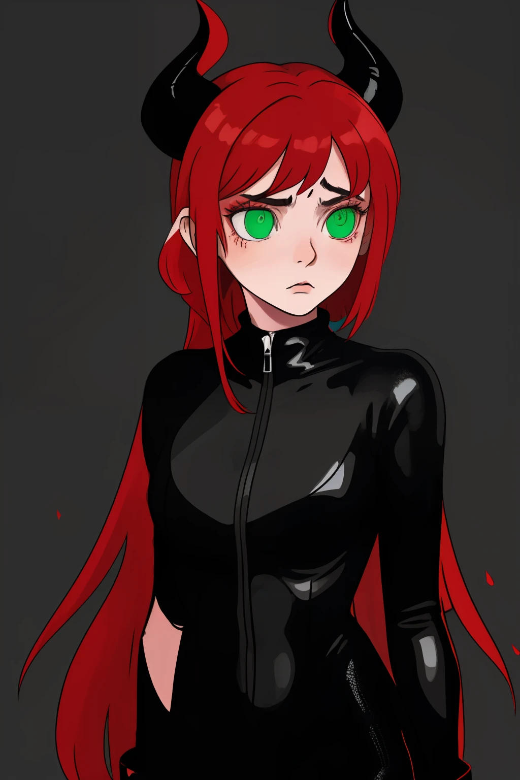 absurdres, highres, ultra detailed, (ultra-detailed background, detailed background), extremly detailed, 1girl, melancholy photo of a red haired demon young female with green eyes and black horns, lace catsuit, desaturated colour, inclement emotions, shot with a Ilford HP5, F/1. 8