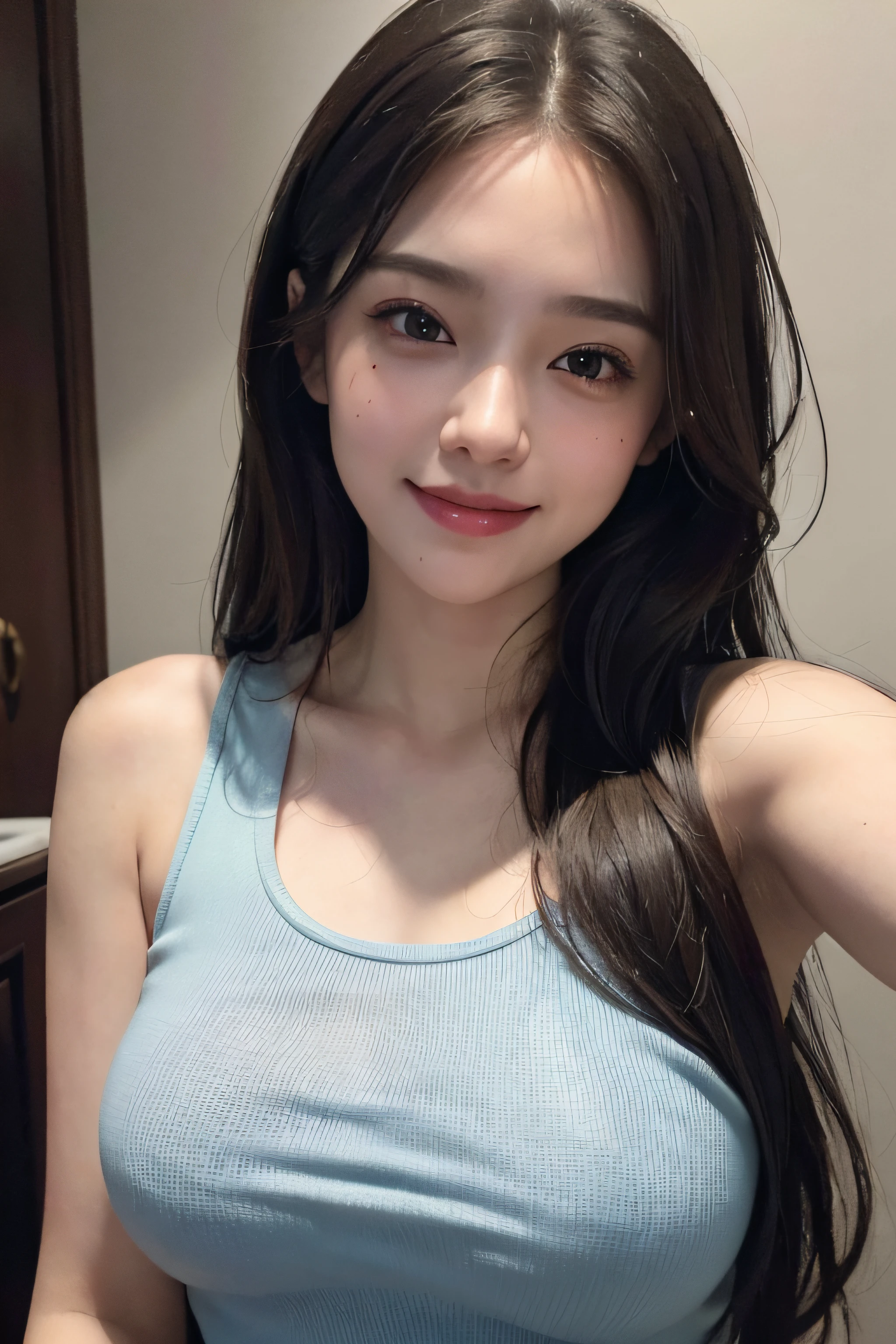 (8k, best quality, masterpiece:1.2), (realistic, photo-realistic:1.37), ultra-detailed, 1 girl,cute, solo,beautiful detailed sky,dating,(nose blush),(smile:1.15),(closed mouth) big breasts,beautiful detailed eyes, (long hair:1.2),floating hair NovaFrogStyle, upper body, tank top