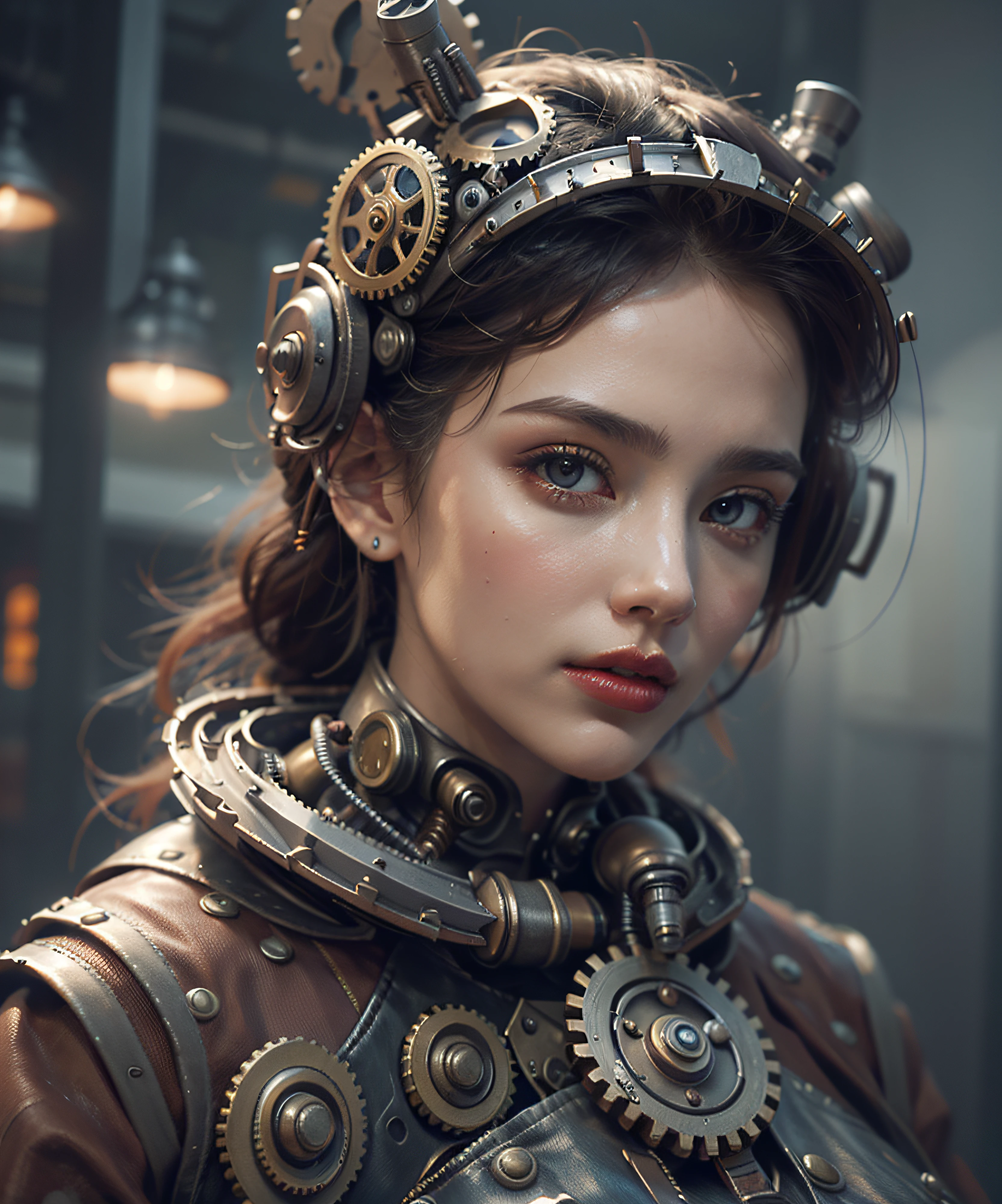 There's a woman with gears attached to her head with steam, Portrait of a mechanical woman, Arte digital 4K realista, Arte digital 4K realista, Wojtek FUS, Arte digital altamente detalhada em 4k, Cyber Steampunk 8K 3D, arte steampunk digital, Arte digital realista 8k, Arte digital detalhada em 4k, Arte cyberpunk 8K ultrarrealista, arte conceitual ultra realista,