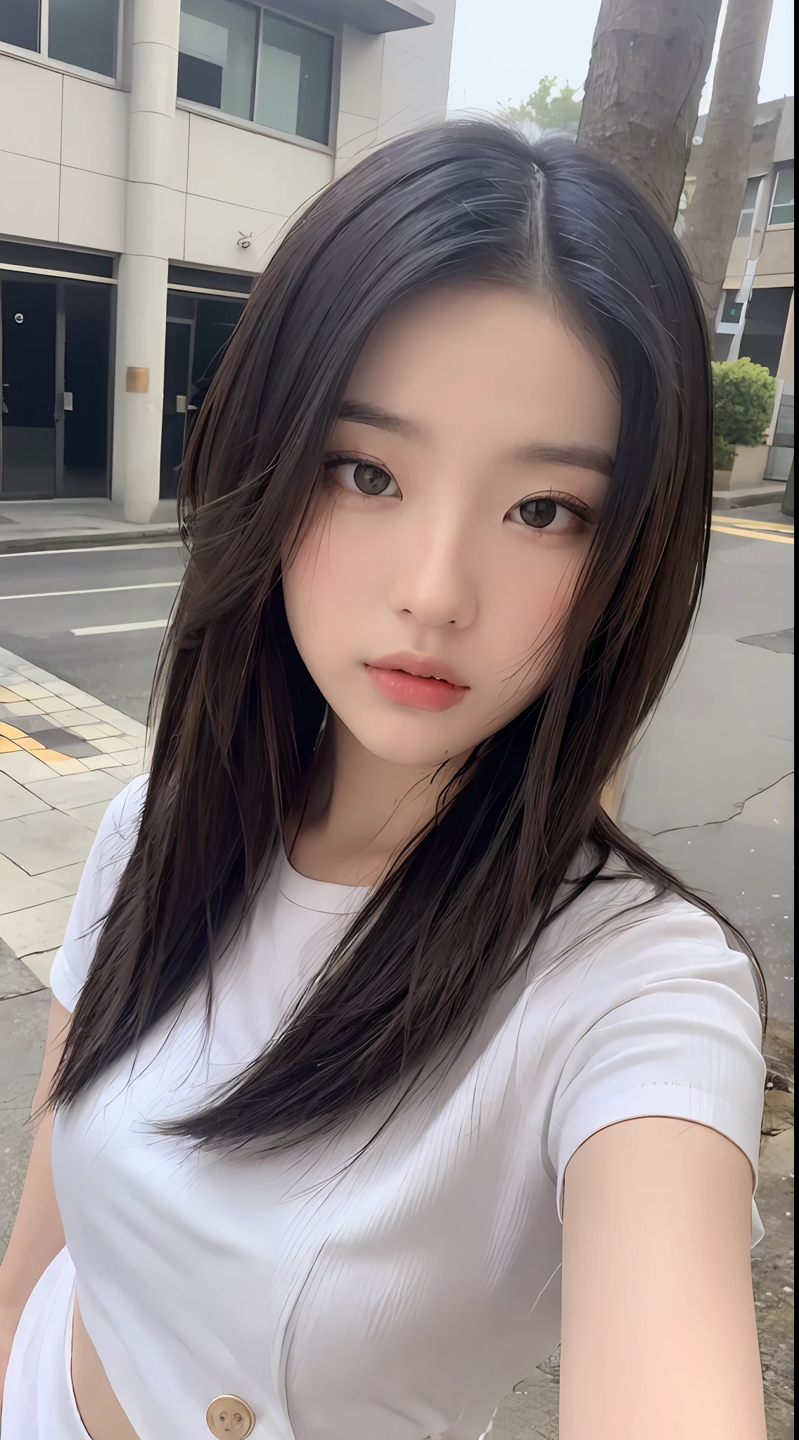 ((Best Quality, 8K, Masterpiece: 1.3)), Sharp: 1.2, Perfect Body Beauty: 1.4, Slim Abs: 1.2, ((Layered Hairstyle, :1.2)), (White Button Short Sleeve Shirt: 1.1), (Street: 1.2), Wet: 1.5, Highly detailed face and skin texture, Fine eyes, double eyelids, looking at the camera