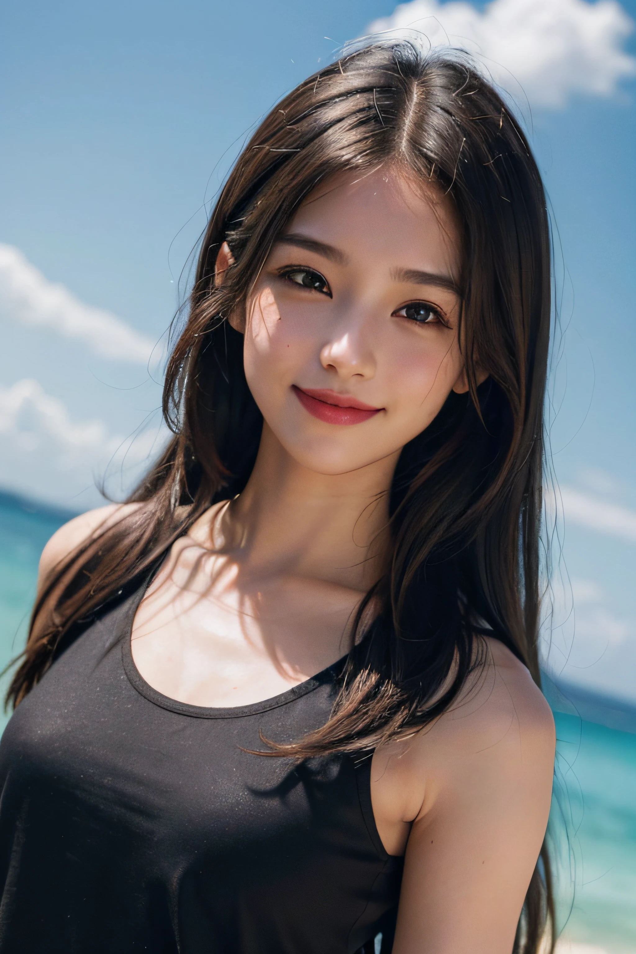 (8k, best quality, masterpiece:1.2), (realistic, photo-realistic:1.37), ultra-detailed, 1 girl,cute, solo,beautiful detailed sky,dating,(nose blush),(smile:1.15),(closed mouth) small breasts,beautiful detailed eyes, (long hair:1.2),floating hair NovaFrogStyle, upper body, tank top