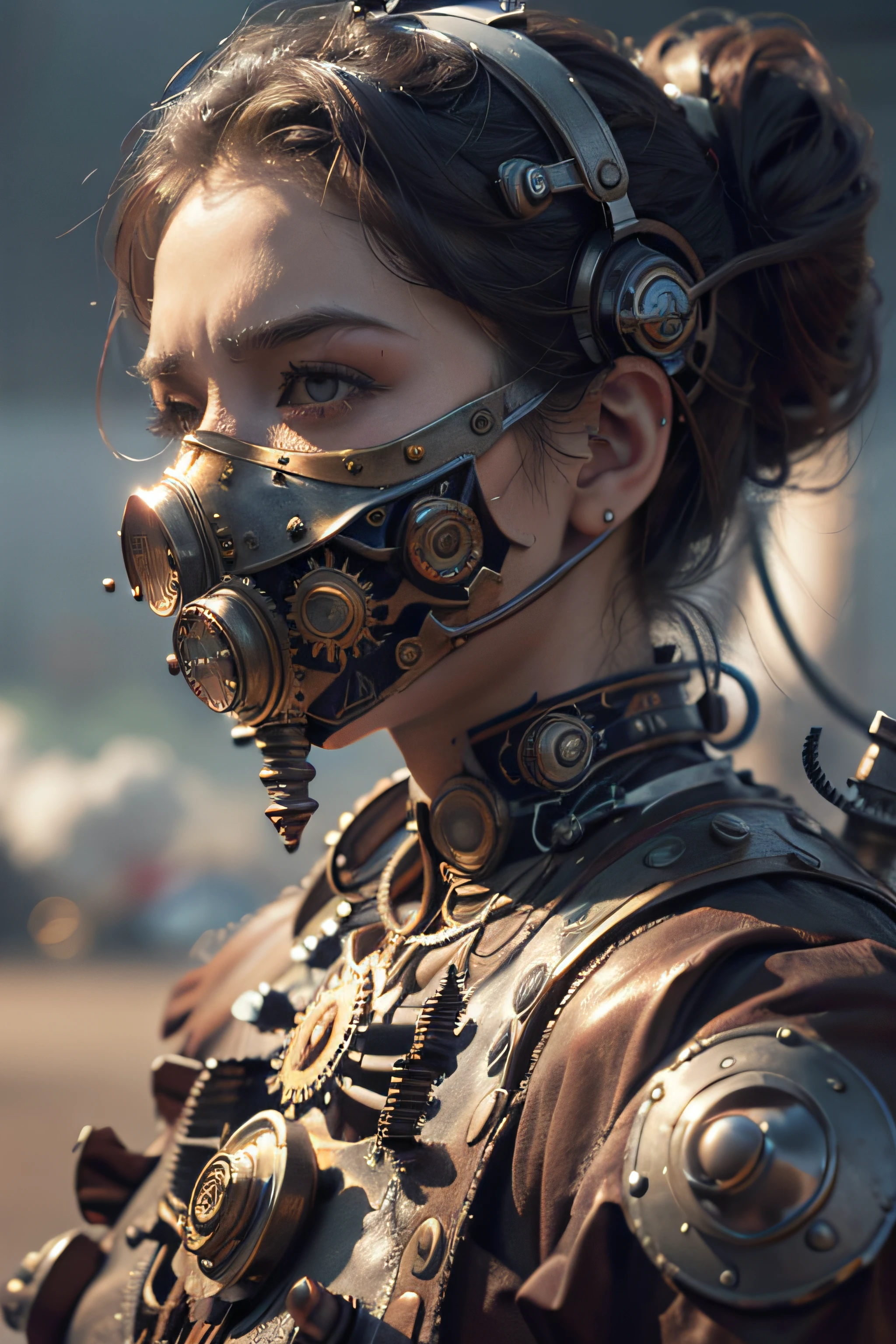 American woman of serious expression, with a steam mask on his head, Portrait of a mechanical American woman, it's not anime, Arte digital 4K realista, Arte digital 4K realista, Wojtek FUS, Arte digital altamente detalhada em 4k, Cyber Steampunk 8K 3D, arte steampunk digital, Arte digital realista 8k, Arte digital detalhada em 4k, Arte cyberpunk 8K ultrarrealista, arte conceitual ultra realista, melhor qualidade, fotorrealista, melhor sombra, delicado, .RAW, ultra high-resolution, Arte hiper-realista, gallery-grade work, Arte Oficial, wallpaper forced,64 mil, ultra precise, visualmente impressionante, Obra-prima sublime, peak clarity, in the background Huge steampunk buildings, smoke billowing, show a scene of sharp contrast, Uma camada de nuvens subindo desordenadamente