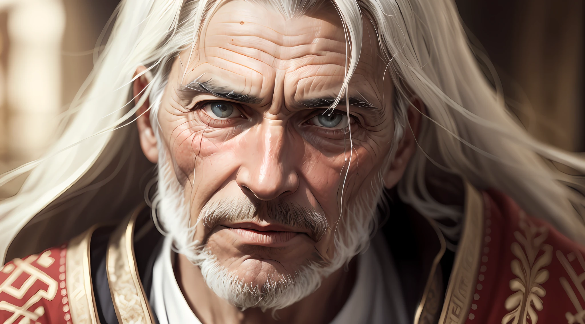Close up photo of Elijah prophet, High details, wrinkled skin, detailed skin, detailed eyes, high detail, long white hair, master-piece, best quality, high quality, Israel, better hands, traditional israel clothes, antique, CG, HDR