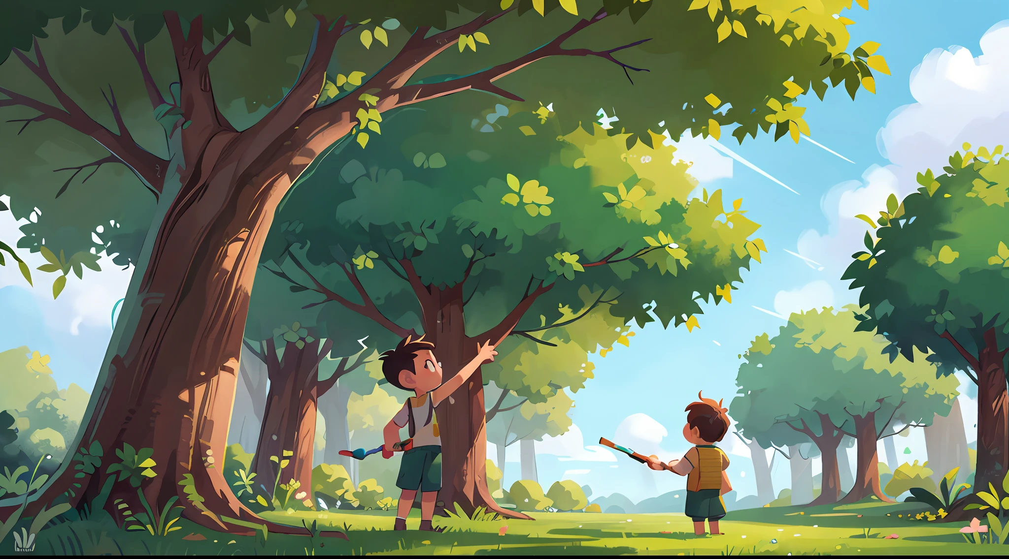 Painting, best quality, masterpiece-quality work, a boy standing alone under a tree, looking up at the sky, forming a contrasting back, surrounded by emerald green date trees.