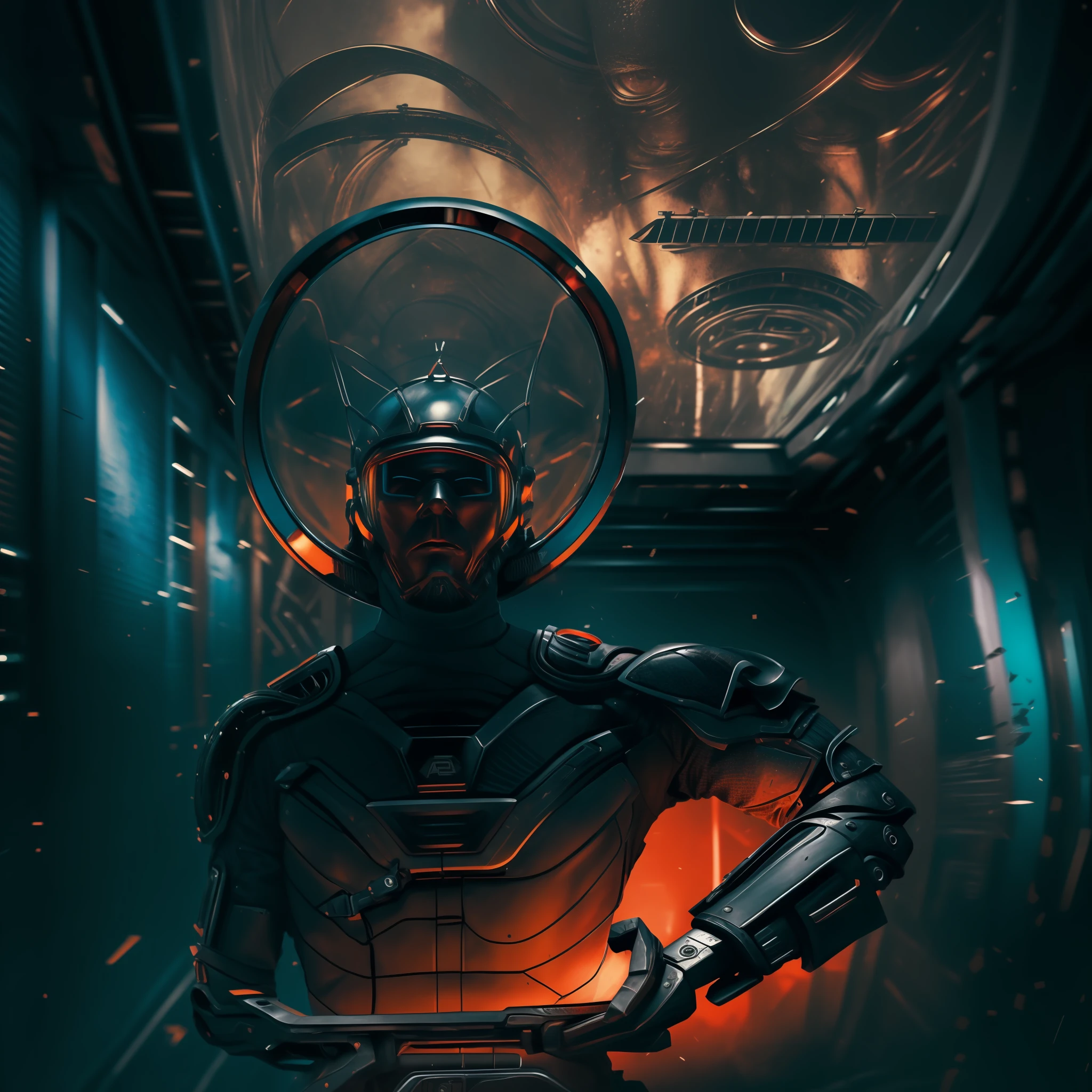 Homem com armadura, artistic work, Dark Technological Cyberpunk((( arte conceitual capa de livro)))