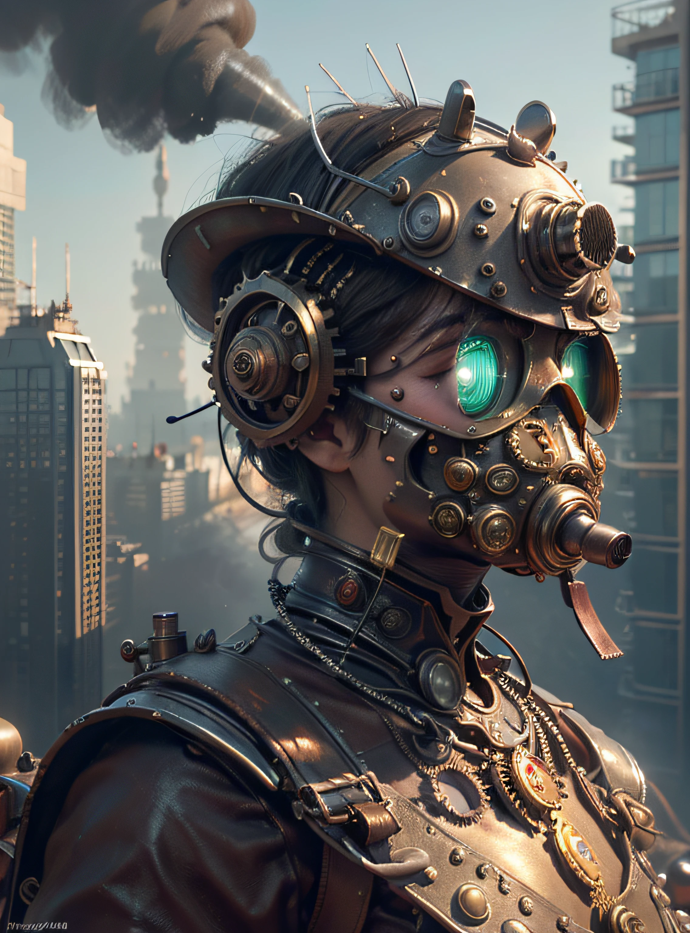 there is a woman with a steam mask on her head, Portrait of a mechanical woman, Arte digital 4K realista, Arte digital 4K realista, Wojtek FUS, Arte digital altamente detalhada em 4k, Cyber Steampunk 8K 3D, arte steampunk digital, Arte digital realista 8k, Arte digital detalhada em 4k, Arte cyberpunk 8K ultrarrealista, arte conceitual ultra realista, master part, melhor qualidade, fotorrealista, melhor sombra, delicado, .RAW, ultra high-resolution, Arte hiper-realista, gallery-grade work, Arte Oficial, wallpaper forced,64 mil, ultra precise, visualmente impressionante, Obra-prima sublime, peak clarity, 1 enorme cidade Steampunk, High-rise buildings covered by behemoth-like mechanical devices, show a scene of sharp contrast, Uma camada de nuvens subindo desordenadamente sobre a cidade, Huge steampunk buildings, The surface is covered with complex gears and mechanical devices,(eyesight,full view,corpo inteiro:1.2), (Nas paredes da cidade Steampunk, 1 soldiers in strong mechanical armor, Handheld Steam Gun, Guard the safety of the city:1.2), Steampunk, dirigible, Steam robot,