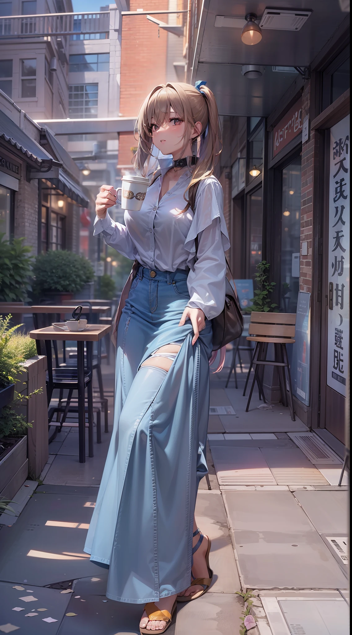 （（best qualtiy））， （（tmasterpiece））， （A detailed：1.4），（（full bodyesbian）），Enhanced dynamic perspective，（beautiful sexy girl，pony tails，夏天，Denim long skirt，Sitting in a street coffee shop，drinking a coffee），kawa，（Lunette de soleil），Come to me，Future sci-fi city street，Egg-shaped building，（（Lateral face）），Street photography，Bright colors，nighttime scene，high qulity，super-fine，Detailed pubic hair，Accurate，Cinematic lighting，
