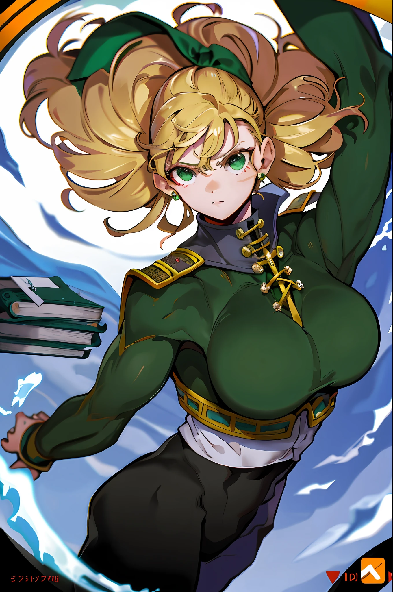 (Maximum High Quality, Masterpiece), 4k resolution, book cover, sharp focus, vibrant colors, medieval vibe, looking at the screen, very close, 1 girl, blonde hair long, emerald green eyes, brown top, visible strong and muscular abdomen, black pants with an arms, strong arms, adult body big breasts, adult features, strong, muscular woman.