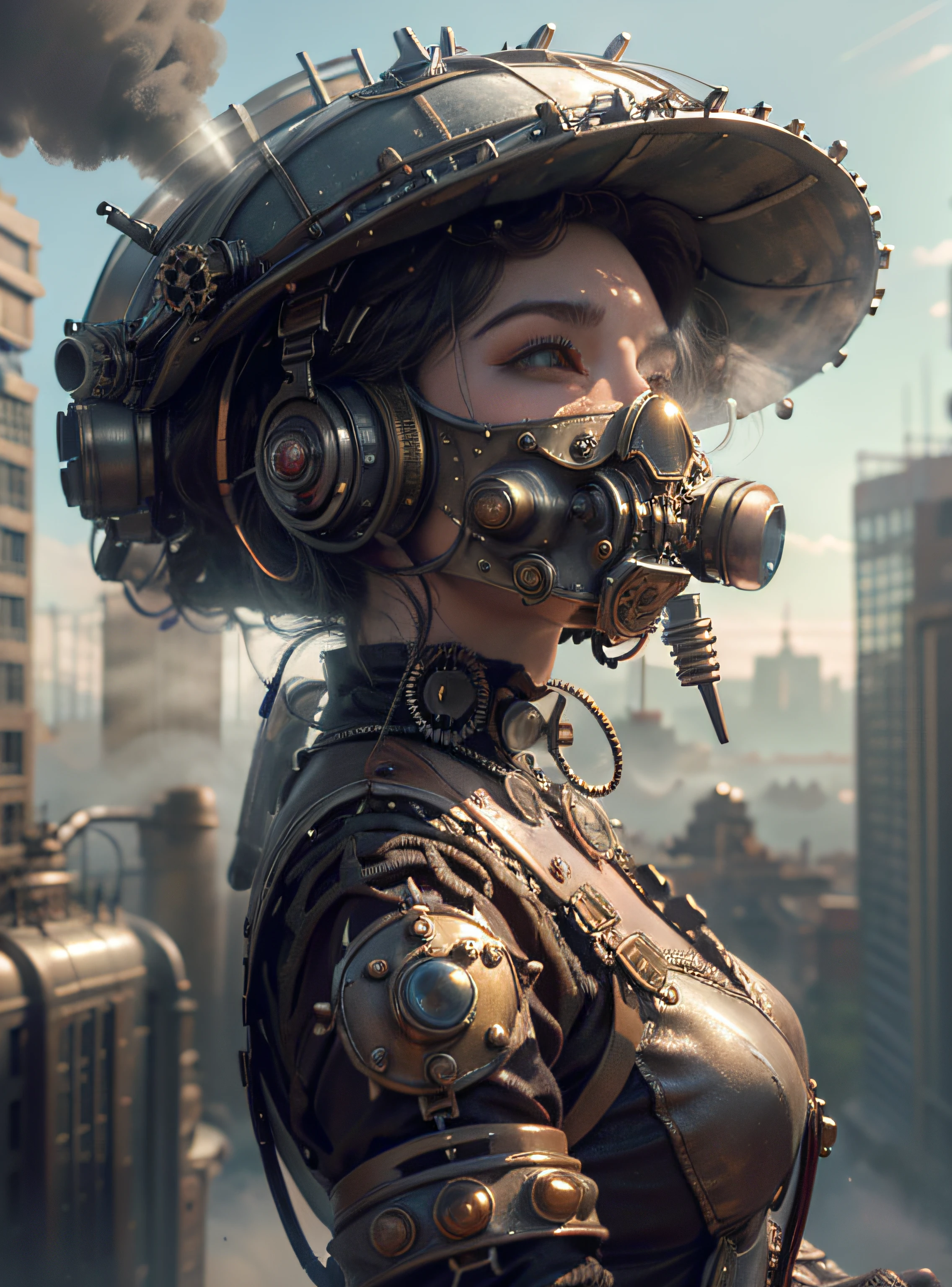 there is a woman with a steam mask on her head, Portrait of a mechanical woman, Arte digital 4K realista, Arte digital 4K realista, Wojtek FUS, Arte digital altamente detalhada em 4k, Cyber Steampunk 8K 3D, arte steampunk digital, Arte digital realista 8k, Arte digital detalhada em 4k, Arte cyberpunk 8K ultrarrealista, arte conceitual ultra realista, master part, melhor qualidade, fotorrealista, melhor sombra, delicado, .RAW, ultra high-resolution, Arte hiper-realista, gallery-grade work, Arte Oficial, wallpaper forced,64 mil, ultra precise, visualmente impressionante, Obra-prima sublime, peak clarity, 1 enorme cidade Steampunk, High-rise buildings covered by behemoth-like mechanical devices, show a scene of sharp contrast, Uma camada de nuvens subindo desordenadamente sobre a cidade, Huge steampunk buildings, The surface is covered with complex gears and mechanical devices,(eyesight,full view,corpo inteiro:1.2), (Nas paredes da cidade Steampunk, 1 soldiers in strong mechanical armor, Handheld Steam Gun, Guard the safety of the city:1.2), Steampunk, dirigible, Steam robot,