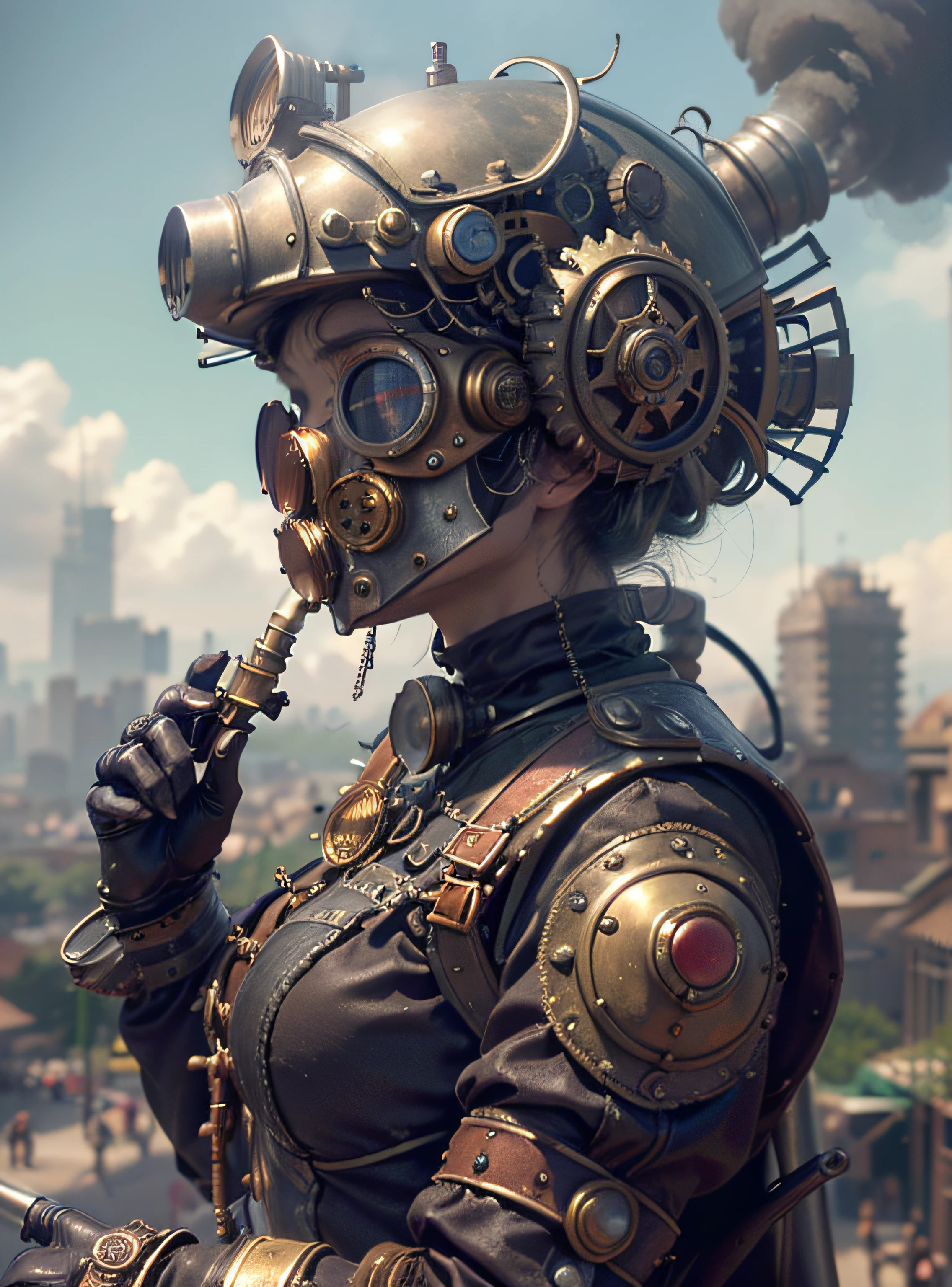 there is a woman with a steam mask on her head, Portrait of a mechanical woman, Arte digital 4K realista, Arte digital 4K realista, Wojtek FUS, Arte digital altamente detalhada em 4k, Cyber Steampunk 8K 3D, arte steampunk digital, Arte digital realista 8k, Arte digital detalhada em 4k, Arte cyberpunk 8K ultrarrealista, arte conceitual ultra realista, master part, melhor qualidade, fotorrealista, melhor sombra, delicado, .RAW, ultra high-resolution, Arte hiper-realista, gallery-grade work, Arte Oficial, wallpaper forced,64 mil, ultra precise, visualmente impressionante, Obra-prima sublime, peak clarity, 1 enorme cidade Steampunk, High-rise buildings covered by behemoth-like mechanical devices, show a scene of sharp contrast, Uma camada de nuvens subindo desordenadamente sobre a cidade, Huge steampunk buildings, The surface is covered with complex gears and mechanical devices,(eyesight,full view,corpo inteiro:1.2), (Nas paredes da cidade Steampunk, 1 soldiers in strong mechanical armor, Handheld Steam Gun, Guard the safety of the city:1.2), Steampunk, dirigible, Steam robot,