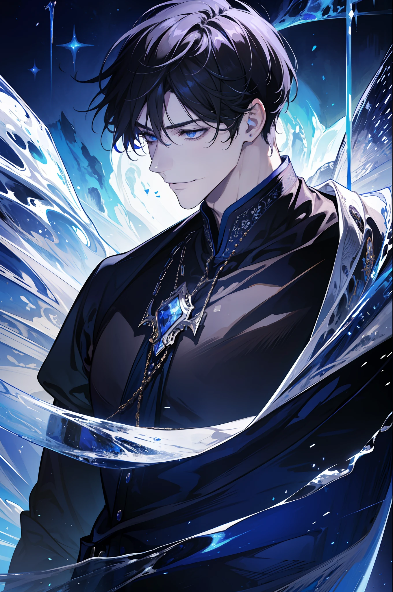 (absurdres, highres, ultra detailed), 1 male, adult, handsome, tall muscular guy, broad shoulders, finely detailed eyes, dark color hair, fantasy, complex pattern, detailed face, throne, magic effect, best ratio four finger and one thumb, ice, bitter cold, cold snap, smile, (dutch angle), closed mouth