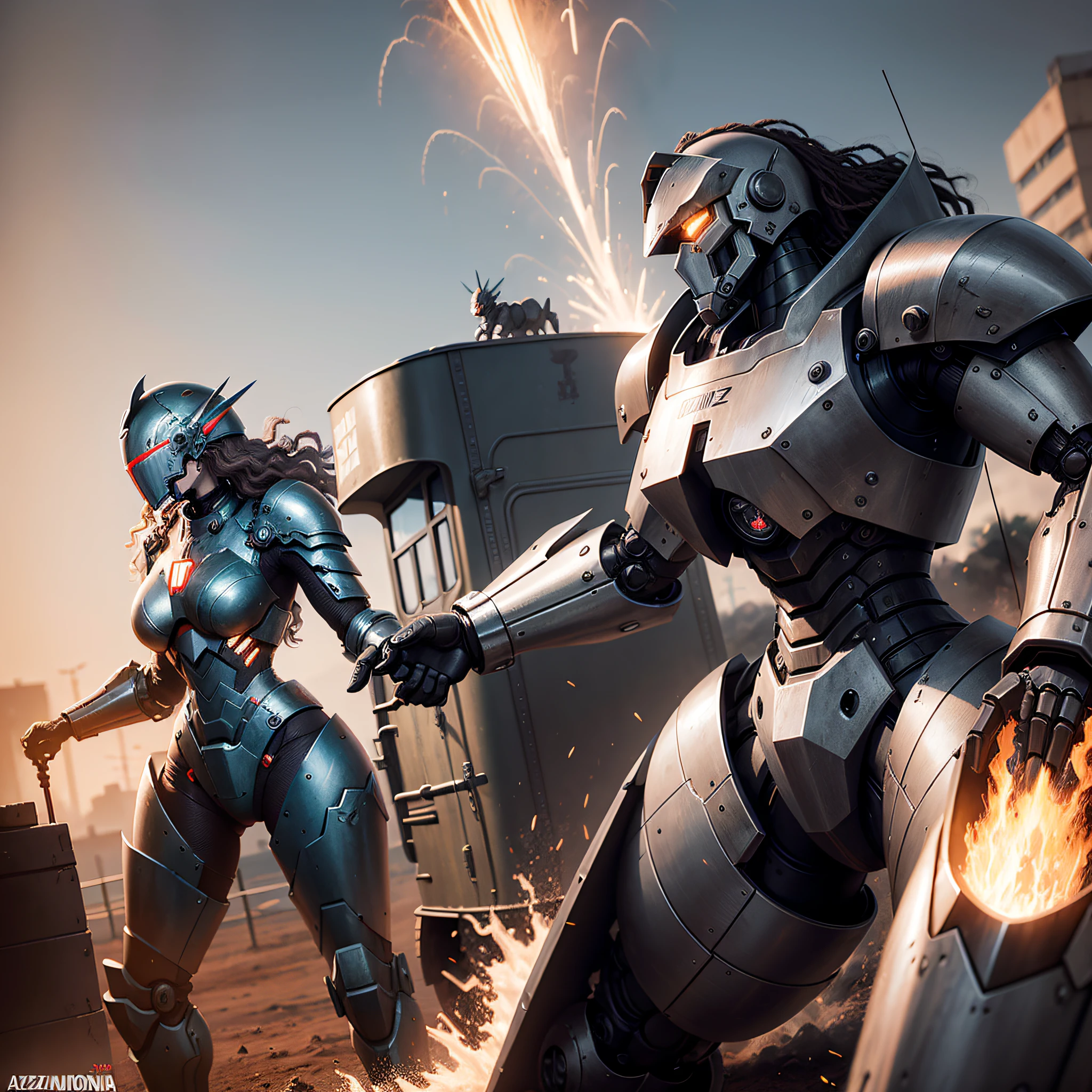 robot warhorse and iron and metal explosion, metralhadora e armas e bazuca moderna, metalzoica --auto