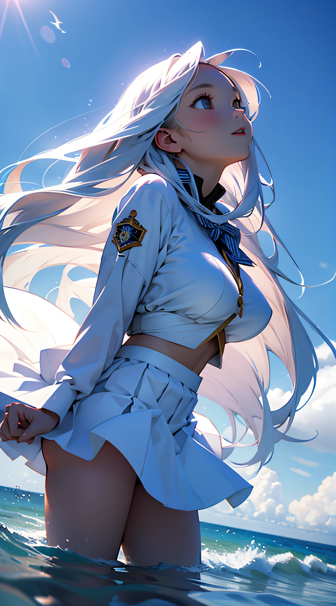 tmasterpiece,Best quality at best,s girl,Looking up from the sea,Flying skirts,long whitr hair,Childlike big breasts,photorealestic --auto