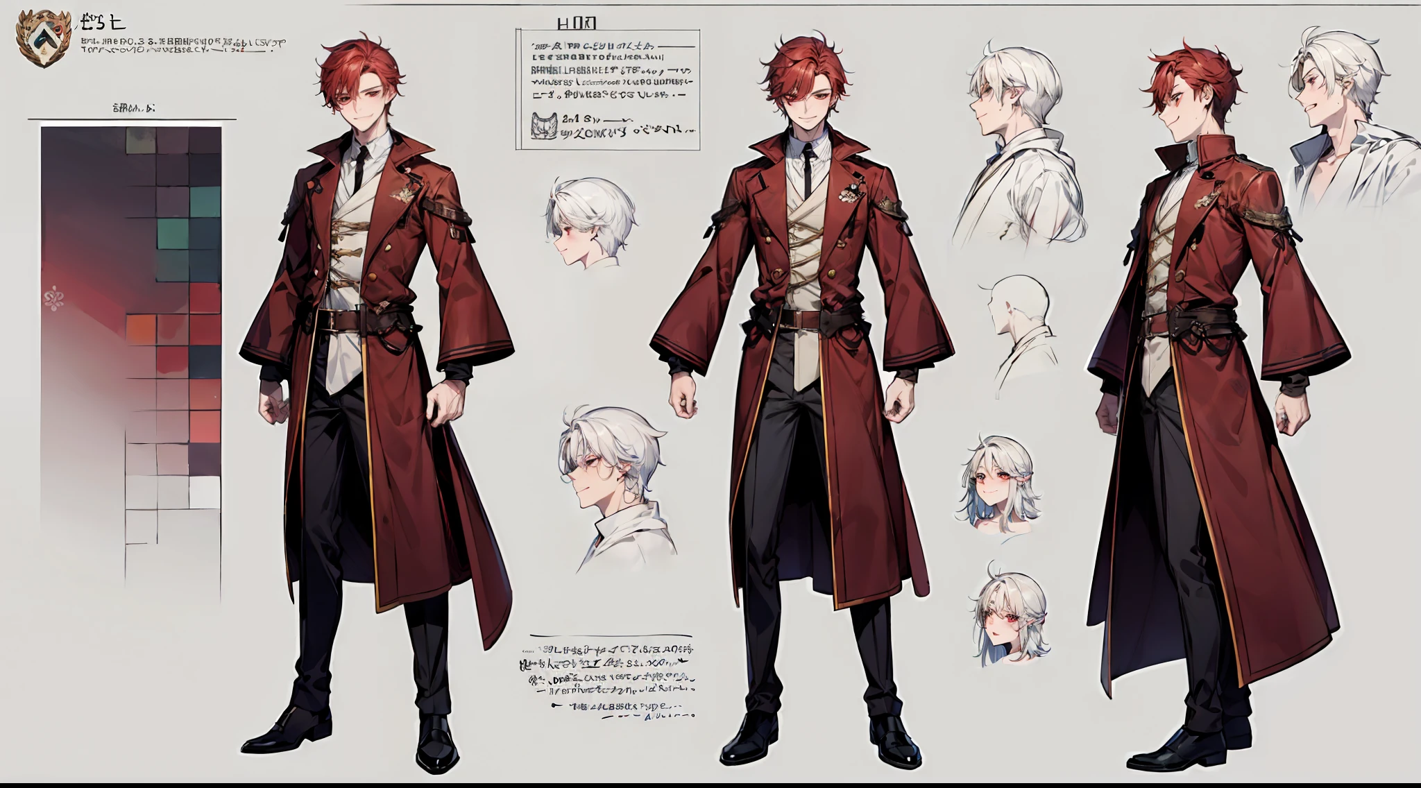 ((Masterpiece)),(((Best Quality))),(Character design sheet,same character,front,side,backboob), Cute Boy Reference List, short red hair, red eyes, Smiling, Doctor's gown, A cunning face, Detailed hair, (Simple background, whitebackground: 1.3)