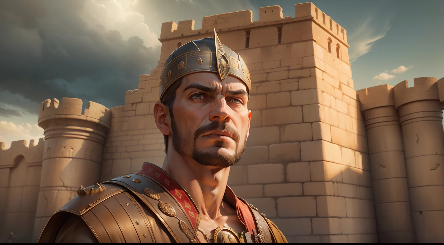 Front view, retrato realista, luz natural suave, Canaanite sentry standing staring at the viewer. In front of him the battlements of the imposing walls of Jericho reach the height of his chest, Expression of dread on the sentry's face, olhos arregalados, 4K, HDR.