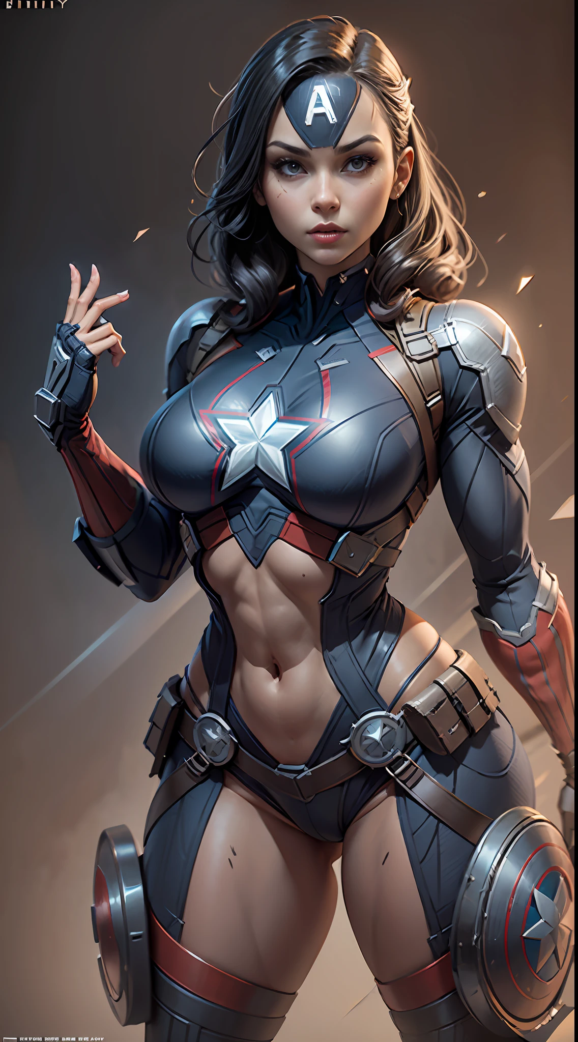 Woman dressed as Captain America from Marvel, big breasts, frontal, full-length, looking at the camera, facing the audience, standing pose, simple background, three-dimensional light, detailed full-body concept, sleek digital concept art, beautiful full-body concept art, art trend, full-length CGsociety,