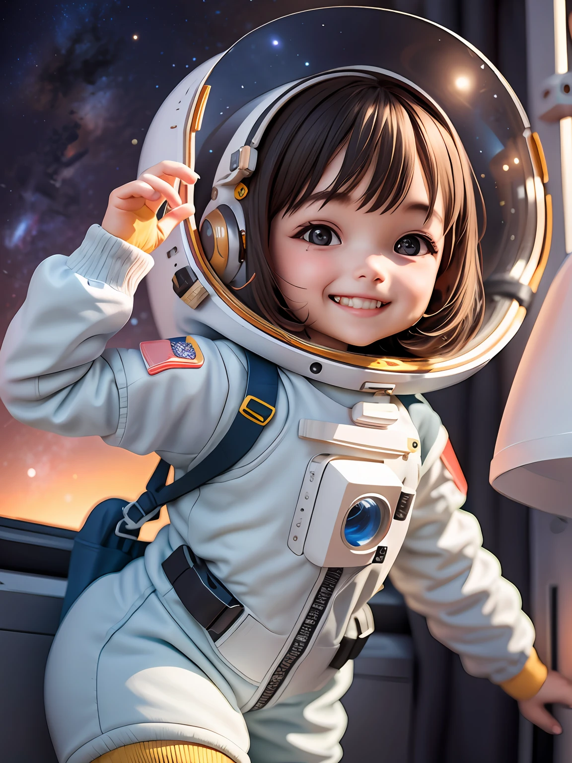 Cute girl was especially happy in a spacesuit