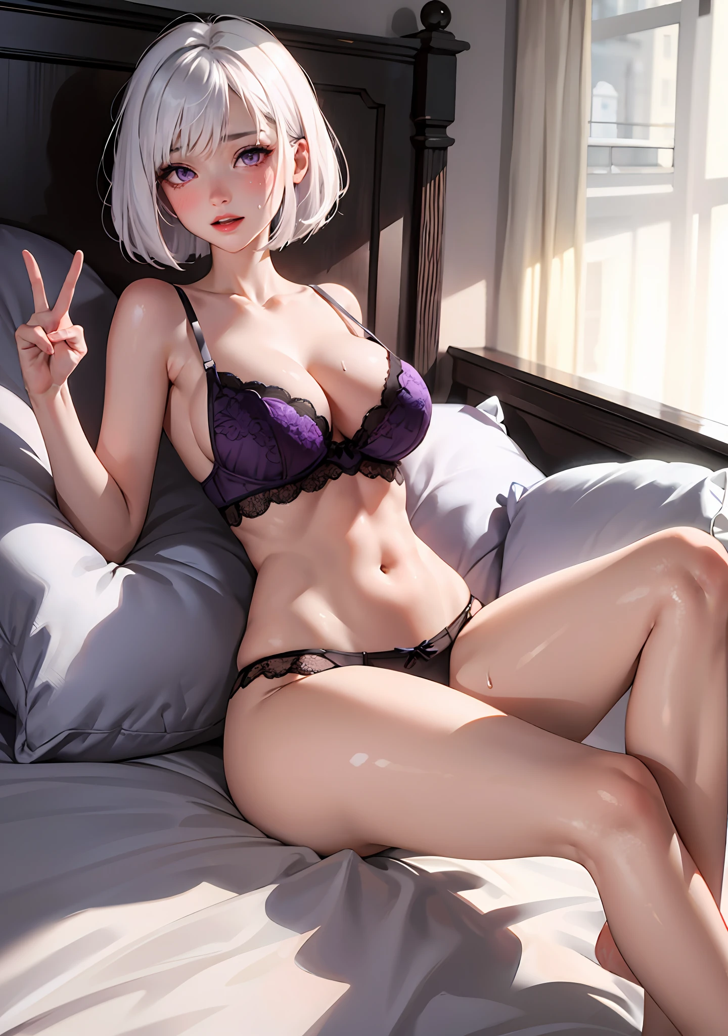 1girl, white hair, purple eyes, bob cut, messy hair, average breasts, blush, glow, thighs, bare shoulders, collarbone, narrow waist, cleavage, (masterpiece), lay down on the bed, bedroom, sweat, ahegao, legs spread wide open, suggestive hand gesture, see through, no pants, taking off lingerie,