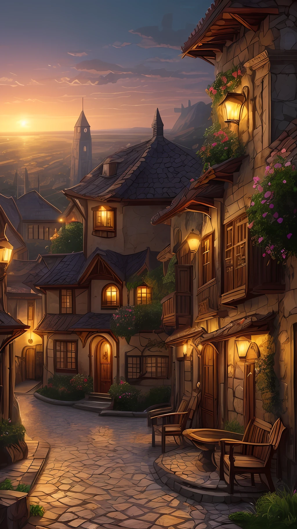 Imagine an epic scene from DnD, uma ruela em uma vila medieval, noite, a rua mal iluminada, luz da lua parcialmente oculta pelas nuvens, (pode-se ver as sombras de uma tiefling e uma mulher se beijando, escondidas), encostadas em uma parede, D&D, wallpaper --auto