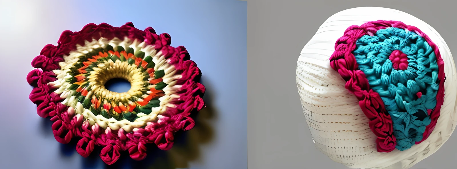 Hay dos fotos de un sombrero de ganchillo y un sombrero de ganchillo, piel de ganchillo, gancho, Hecho de cuentas e hilo, Bola de hilo, inspired by Maria Johanna Görtz, inspirado por Maruja Mallo, inspiration, Vistas frontales y laterales, Buques, multicolor, Vista superior y lateral, por Florianne Becker, Vista frontal y lateral