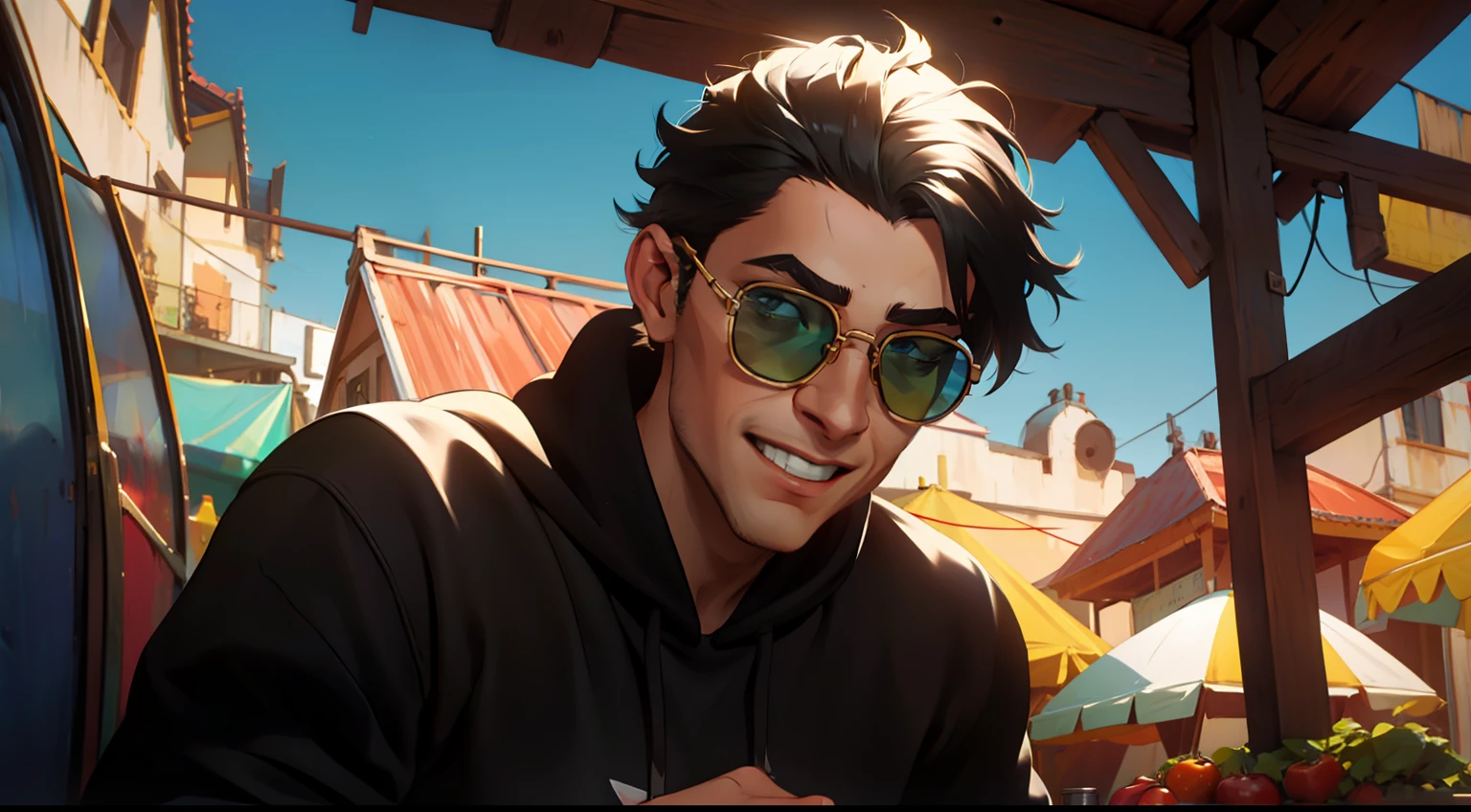 Homem com cabelo raspado na lateral, wearing round sunglasses and a black sweatshirt, sorrindo e em rosto 3/4.