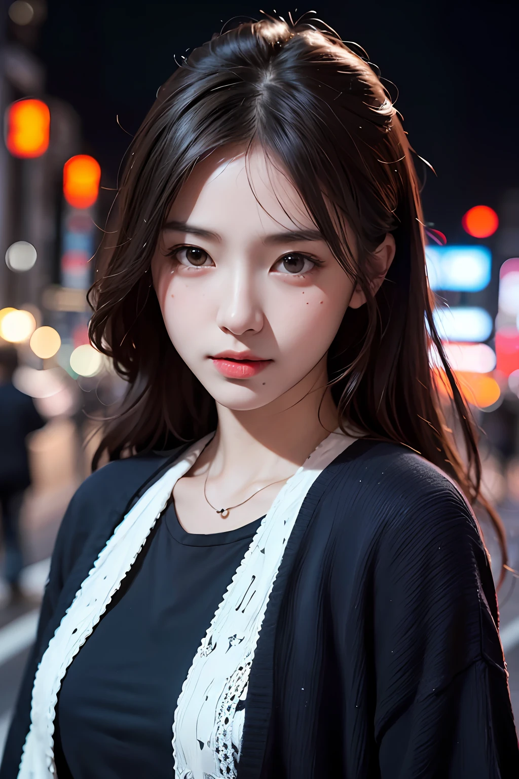 1girl, Tokyo street,night, cityscape,city lights, upper body,close-up, 8k, RAW photo, best quality, masterpiece,realistic, photo-realistic,