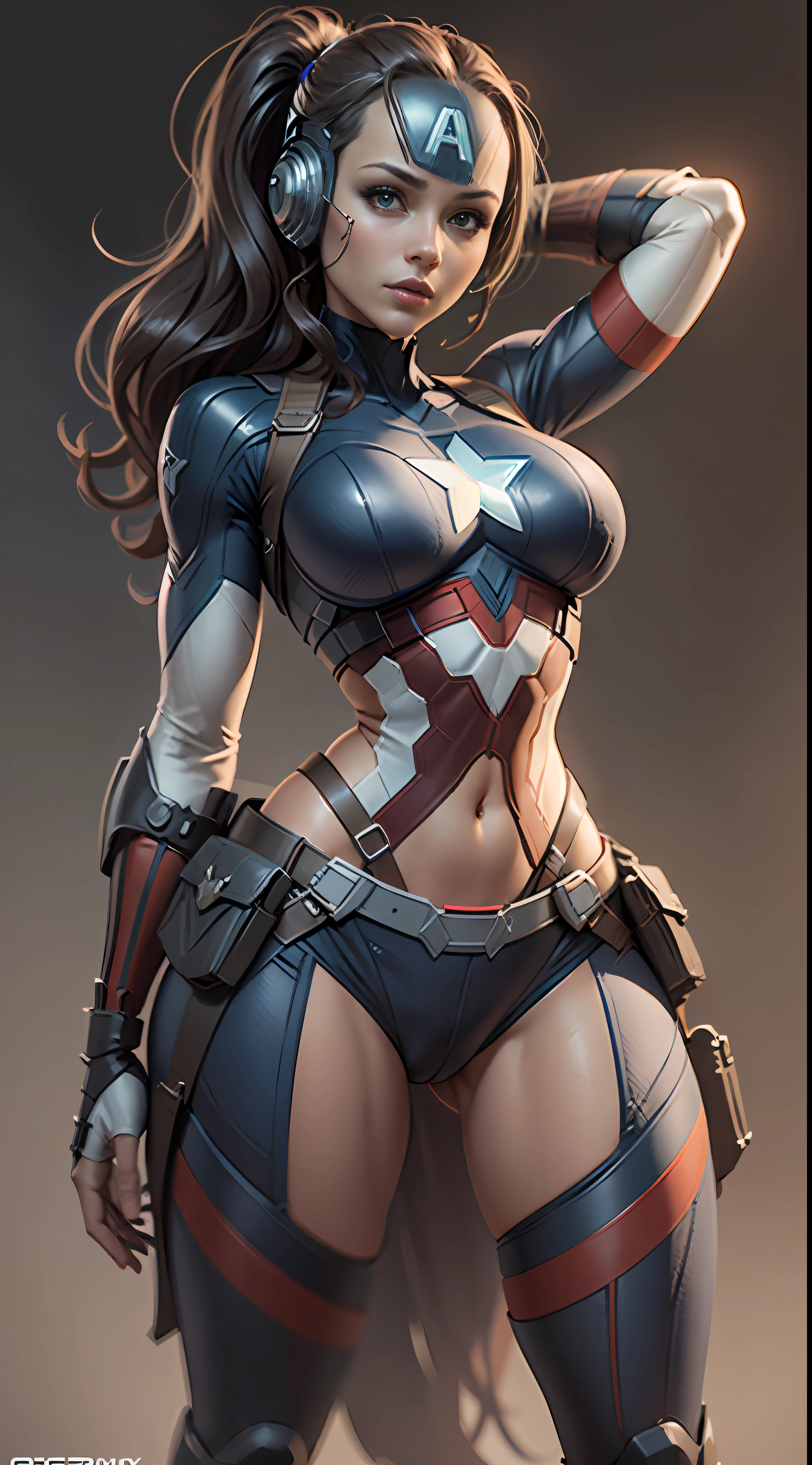 Woman dressed as Captain America from Marvel, big breasts, frontal, full-length, looking at the camera, facing the audience, standing pose, simple background, three-dimensional light, detailed full-body concept, sleek digital concept art, beautiful full-body concept art, art trend, full-length CGsociety,