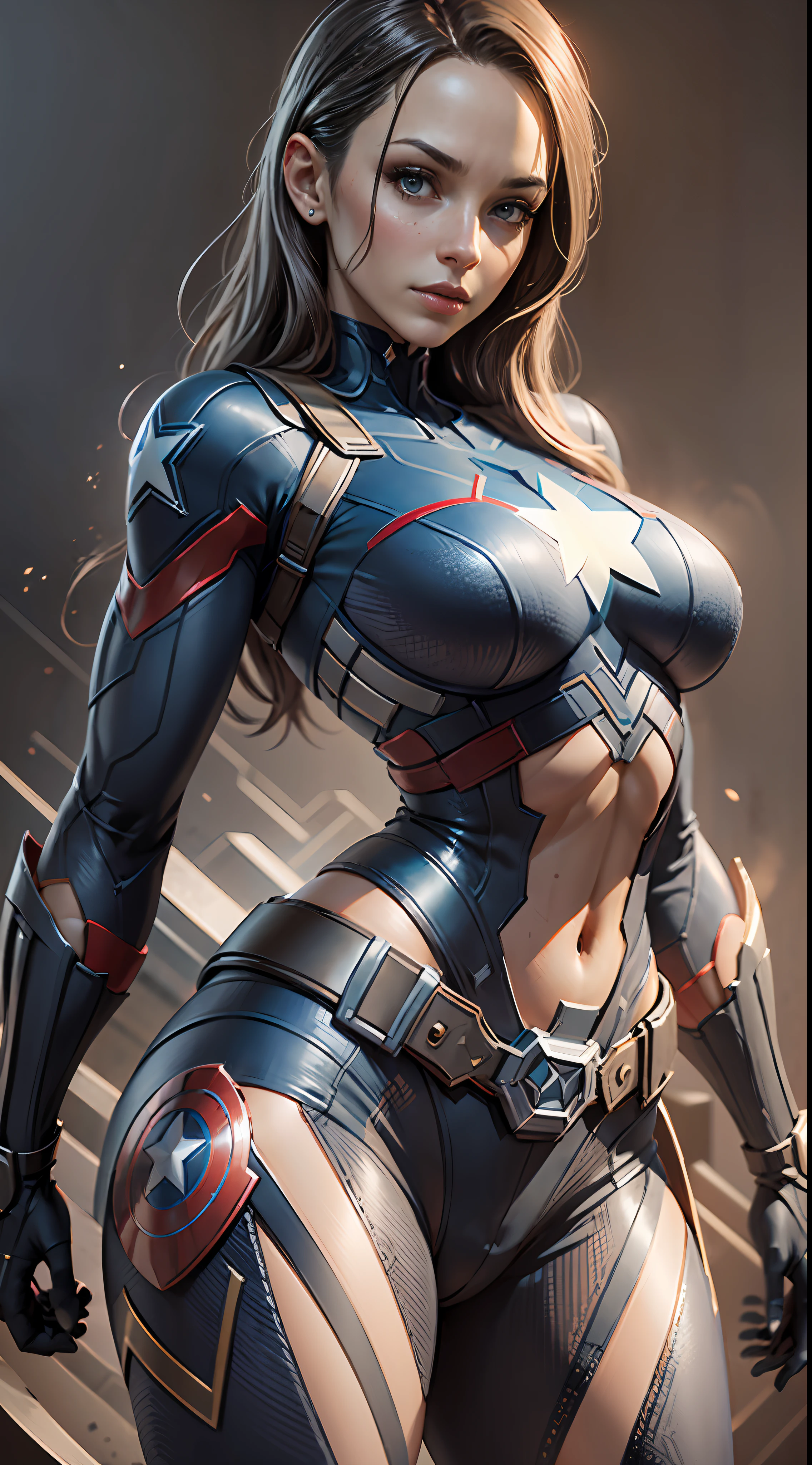 Woman dressed as Captain America from Marvel, big breasts, frontal, full-length, looking at the camera, facing the audience, standing pose, simple background, three-dimensional light, detailed full-body concept, sleek digital concept art, beautiful full-body concept art, art trend, full-length CGsociety,