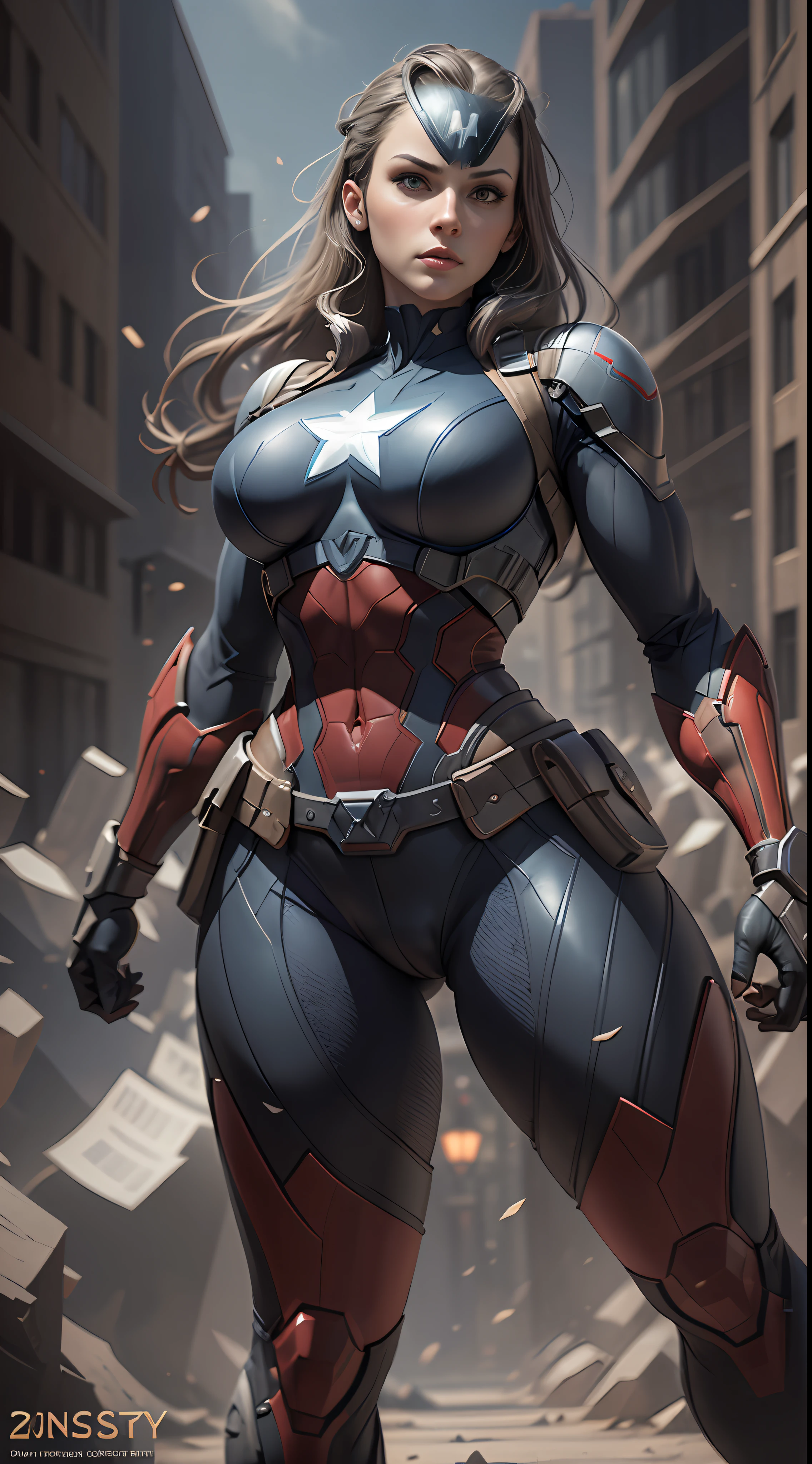 Woman dressed as Captain America from Marvel, big breasts, frontal, full-length, looking at the camera, facing the audience, standing pose, simple background, three-dimensional light, detailed full-body concept, sleek digital concept art, beautiful full-body concept art, art trend, full-length CGsociety,