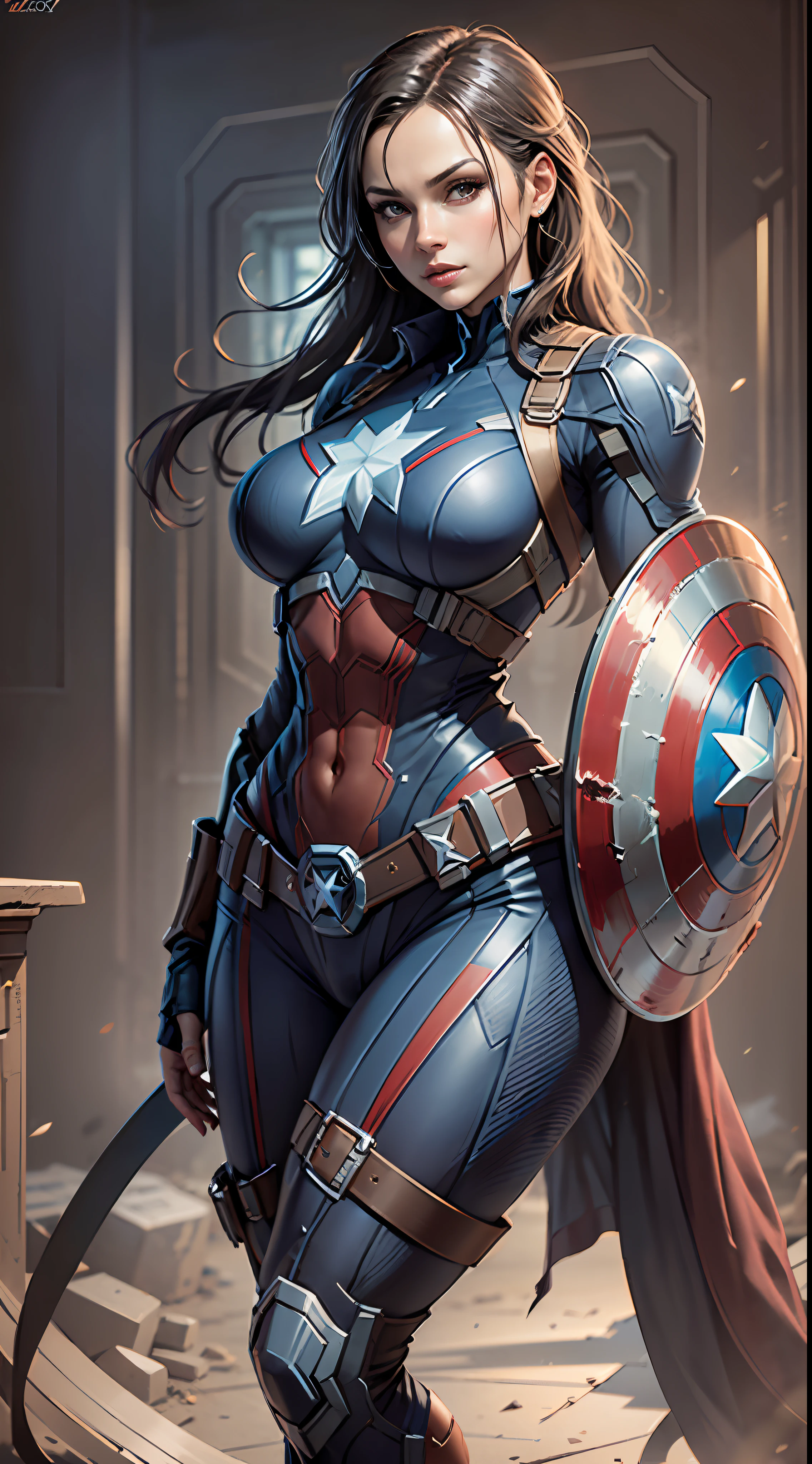 Woman dressed as Captain America from Marvel, big breasts, frontal, full-length, looking at the camera, facing the audience, standing pose, simple background, three-dimensional light, detailed full-body concept, sleek digital concept art, beautiful full-body concept art, art trend, full-length CGsociety,