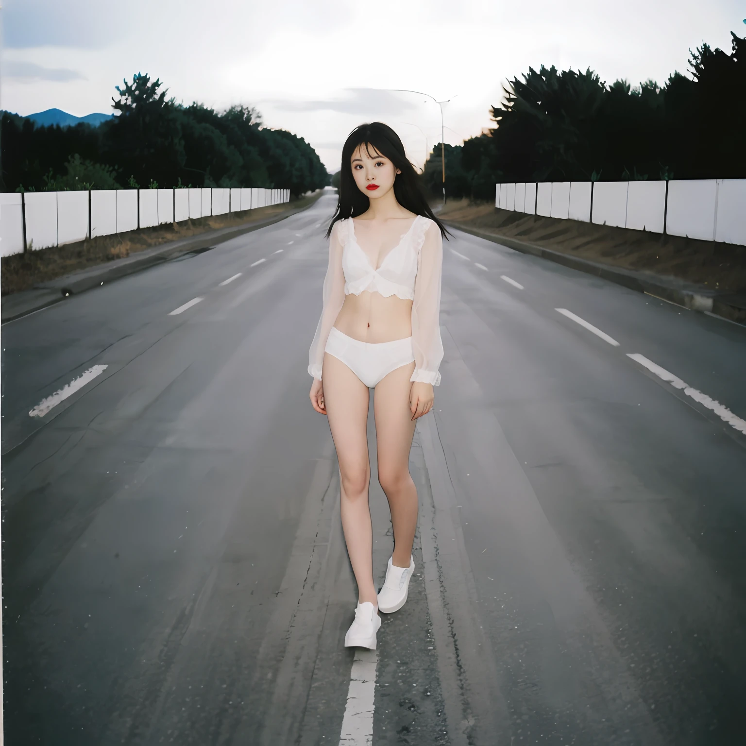 90s flash photo, empty road, Beautiful girl, full body,,white Lace panties,