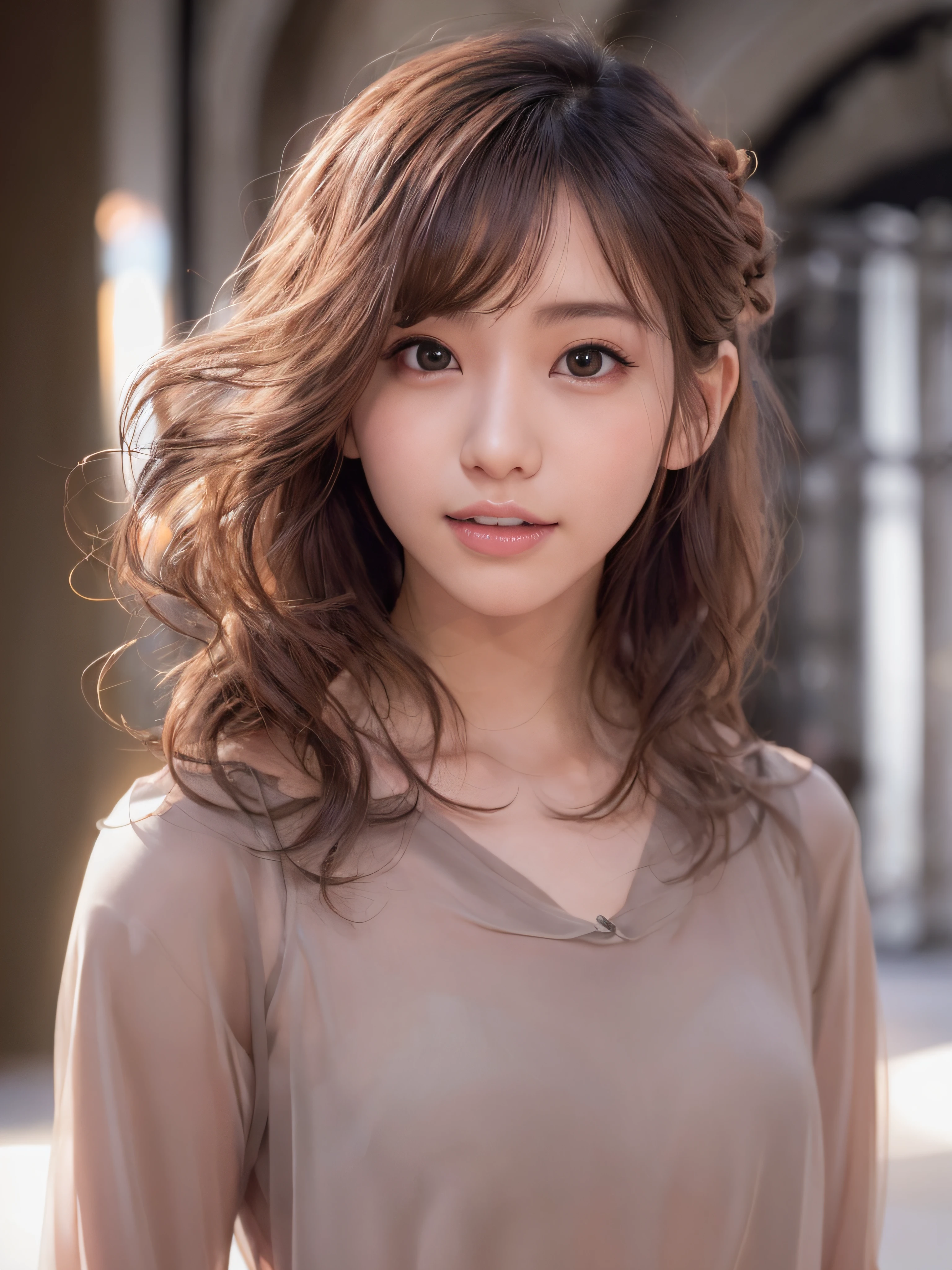 (Photorealistic), (Ultra High Realistic), (Ultra High Definition), (Ultra High Detailed), (Increase the contrast:1.3), (Increase the Saturation:1.1), (1Girl), Beautiful face, Cute face, Face Slimming, Japanese young girl, semi long curly hair, (light Brown hair), ((Slimmer)), ((Waist Slimming)), ((Small Buttocks:1.3)), ((Slimmer Legs:1.2)), (small Breasts:1.3), (Cleavage:0.8), ((dress)), (Off -shoulder), (((on the fashion show runway))), movie lighting,