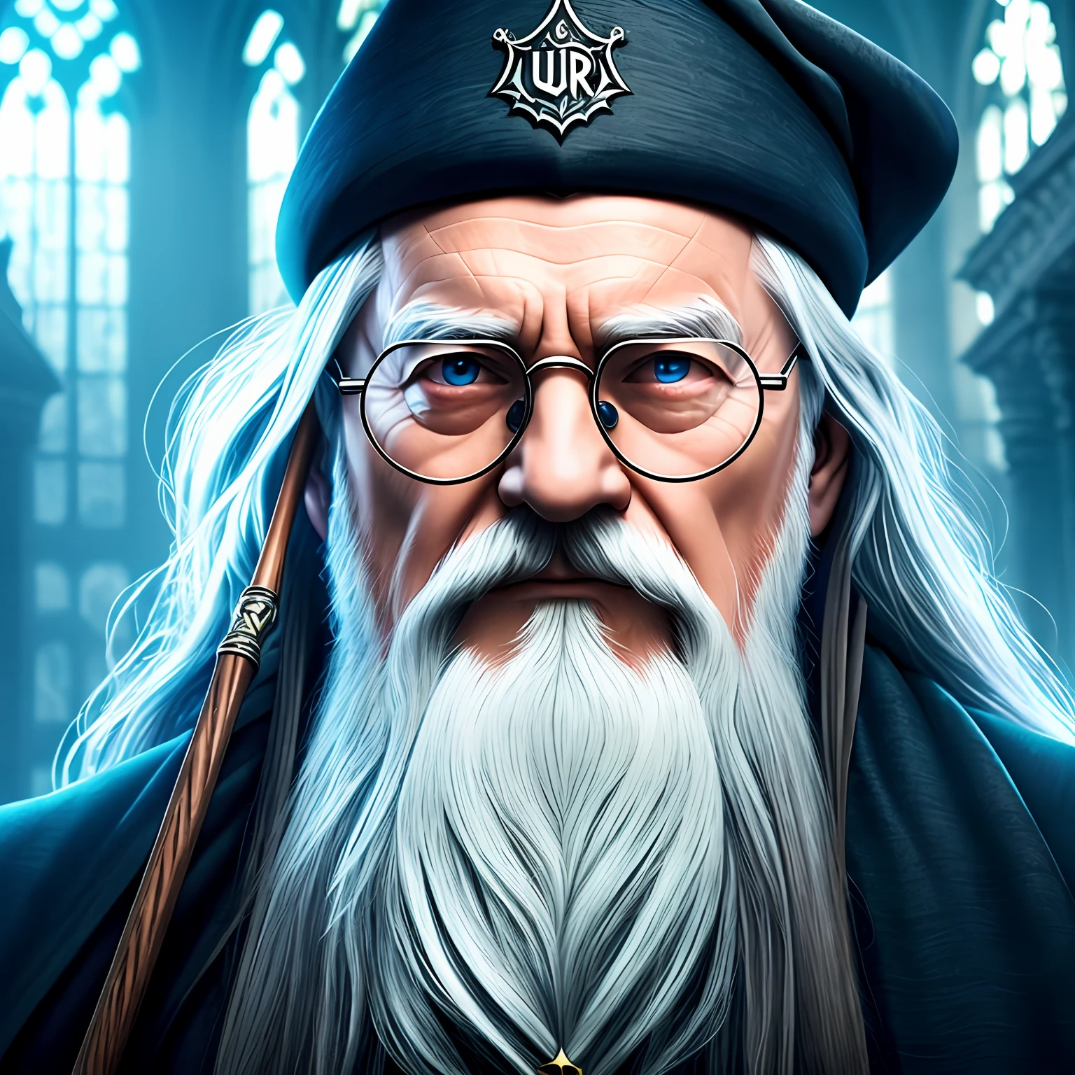 dumbledore wizard (with rounded glasses), magic (photo realistic), (ultra quality), 8k, magic --auto