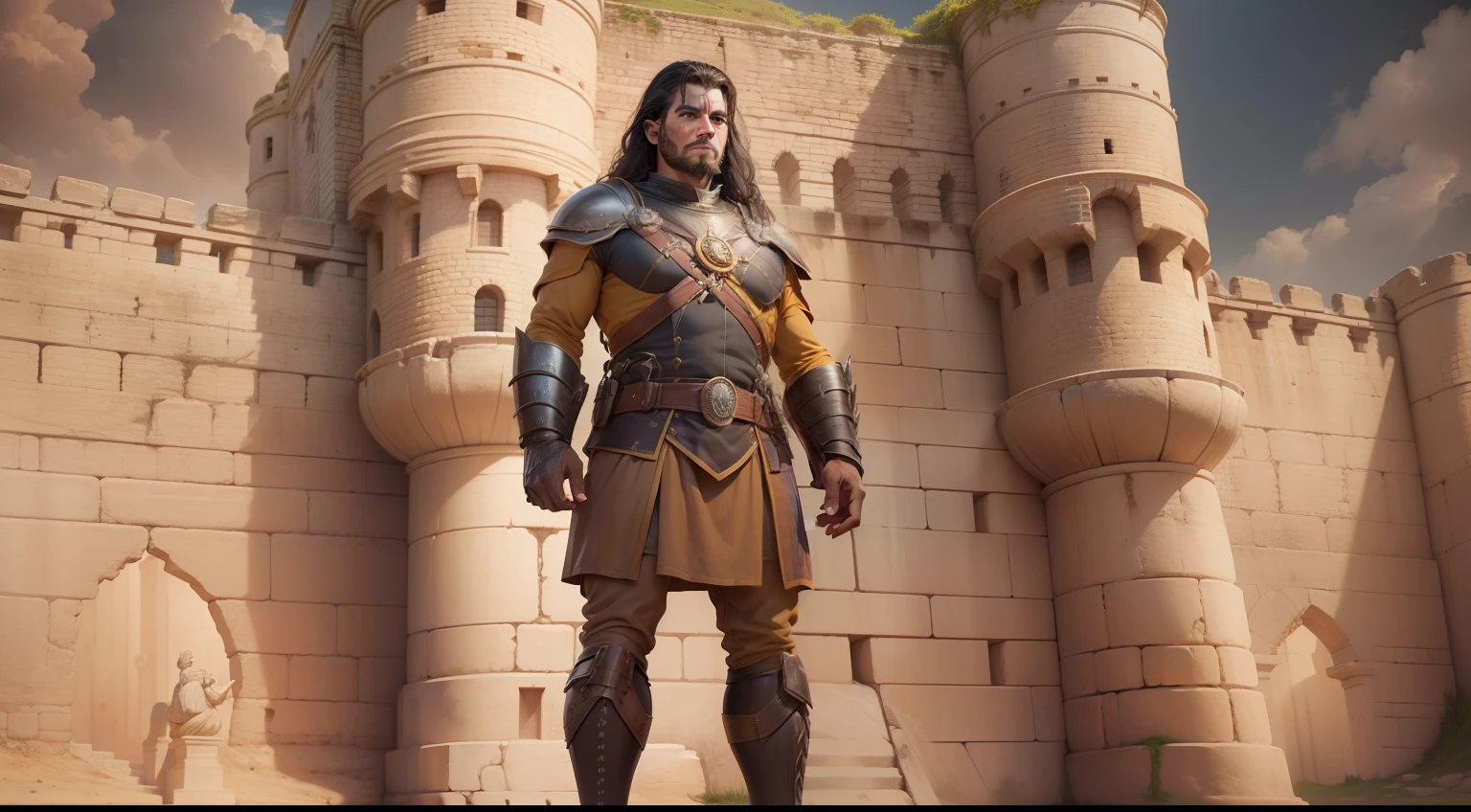 Front view, retrato realista, luz natural suave, Canaanite sentry standing staring at the viewer. In front of him the battlements of the imposing walls of Jericho reach the height of his chest, Expression of dread on the sentry's face, olhos arregalados, 4K, HDR.