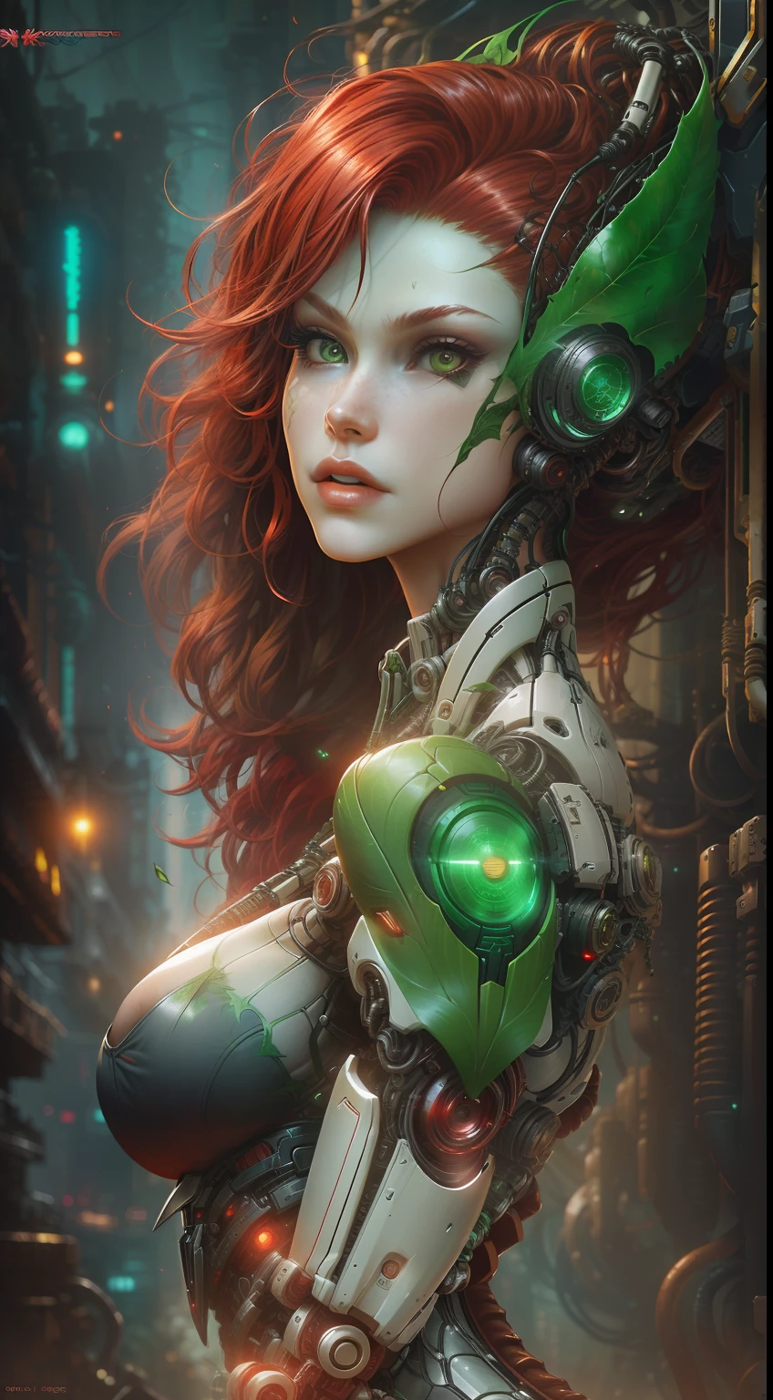 photo of Poison Ivy (sexy, big boobs) red hair, from DC, biomechanical, complex robot, full growth, hyperrealistic, insane small details, extremely clean lines, cyberpunk aesthetic, masterpiece featured at Zbrush Central