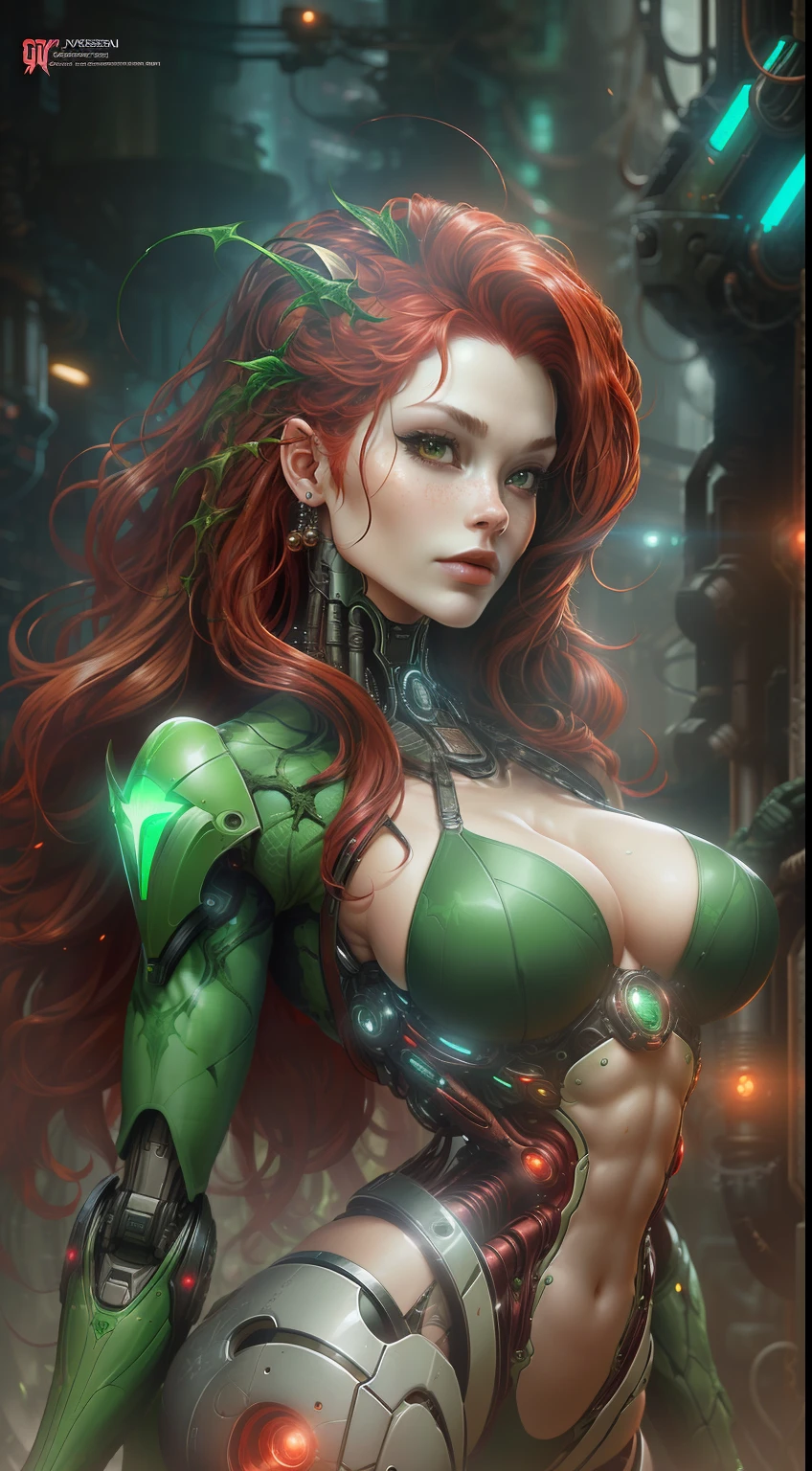 photo of Poison Ivy (sexy, big boobs) red hair, from DC, biomechanical, complex robot, full growth, hyperrealistic, insane small details, extremely clean lines, cyberpunk aesthetic, masterpiece featured at Zbrush Central