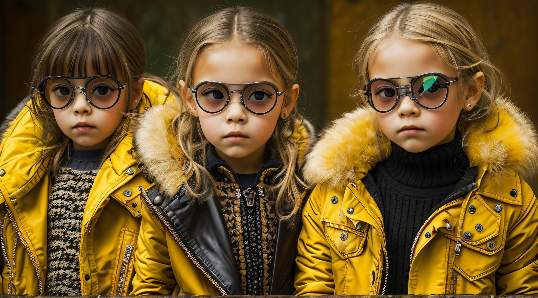 GIRLS Russian children with 10 years, loiro cabelos compridos, PORTRAIT, OCULOS ESCUROS, JAQUETA DE COURO PRETA E ROUPA PRETA, FUNDO AMARELO.