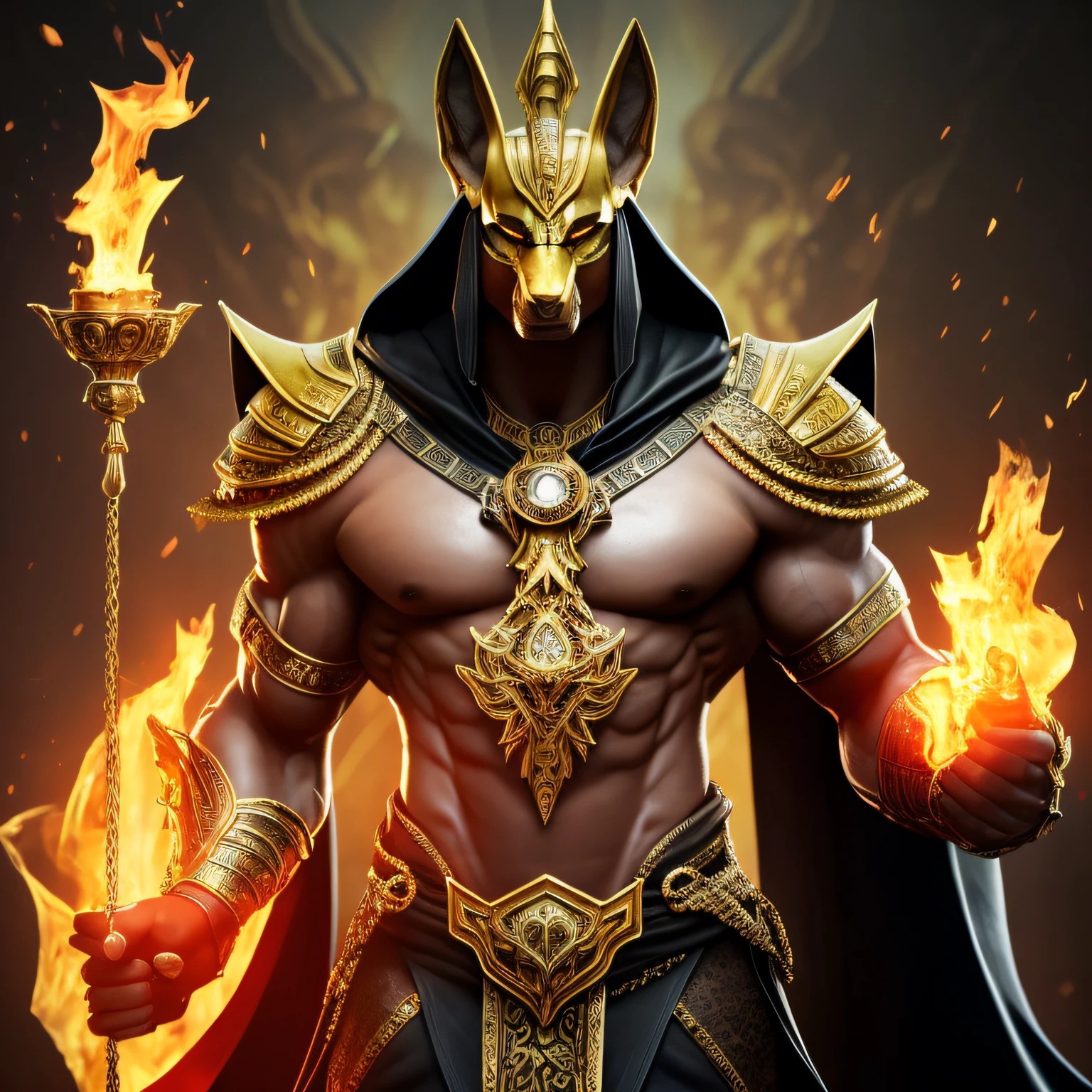 photo-realistic, oil painting jewelry, 独奏, dynamicpose, Right, fire, Hellscape, Underworld, Dark landscape, Anubis, Egyptian god with the head of a jackal, anthropomorphic, muscular, dynamicpose, Cinematic, Dramatic camera angle, gold Armor: 0,25, black and gold cape, good anatomy, Good proportions, Epic, tmasterpiece, in the center, --auto
