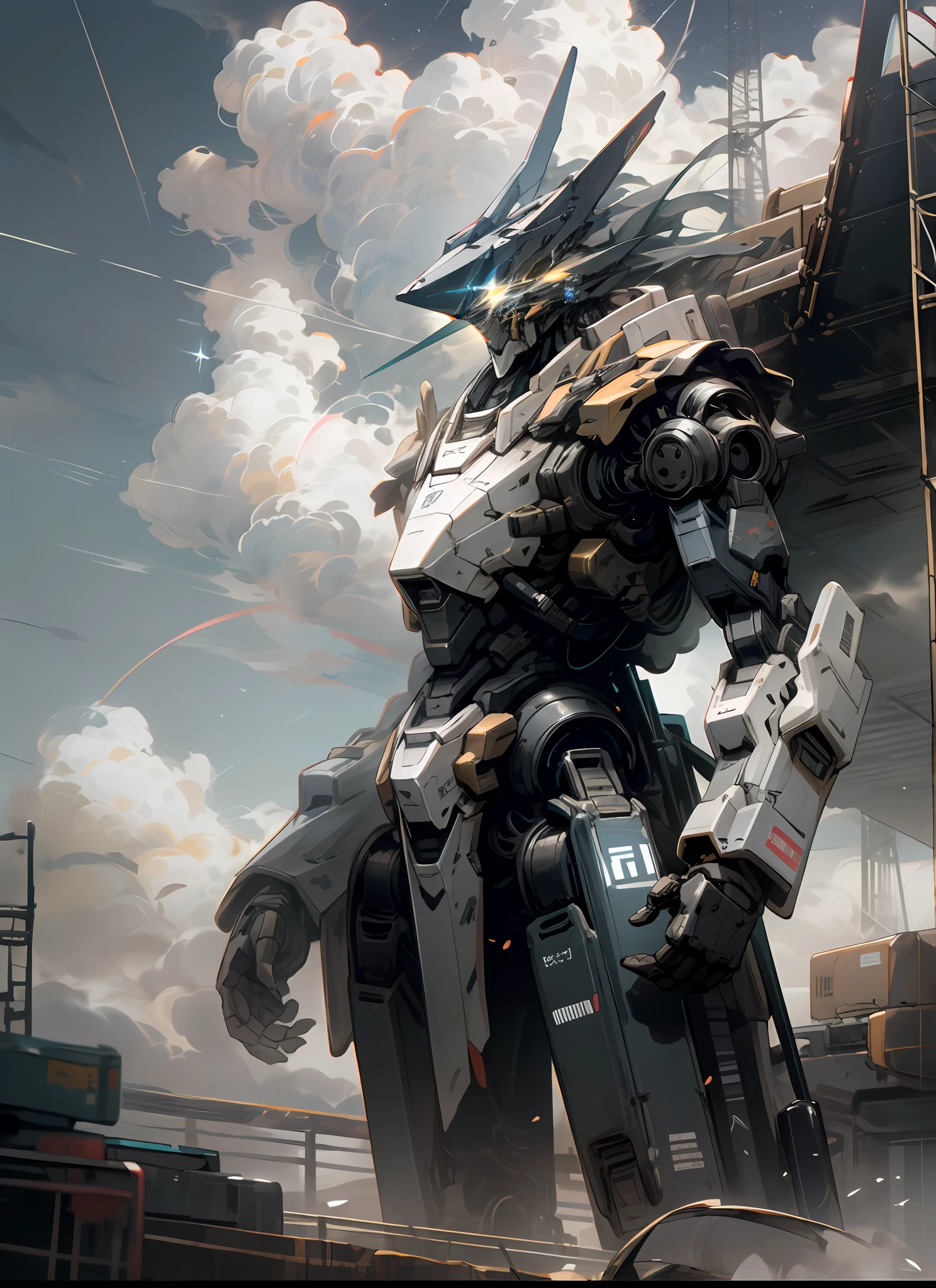 drak，Giant cannons，Starcloud，Assault，16k,A masterpiece，Skysky，​​clouds，Holding_arma，No_Humanity，with light glowing，，droid，buliding，Glowing_Eyes，Mecha，scientific fiction，城市，Realistis，Mecha