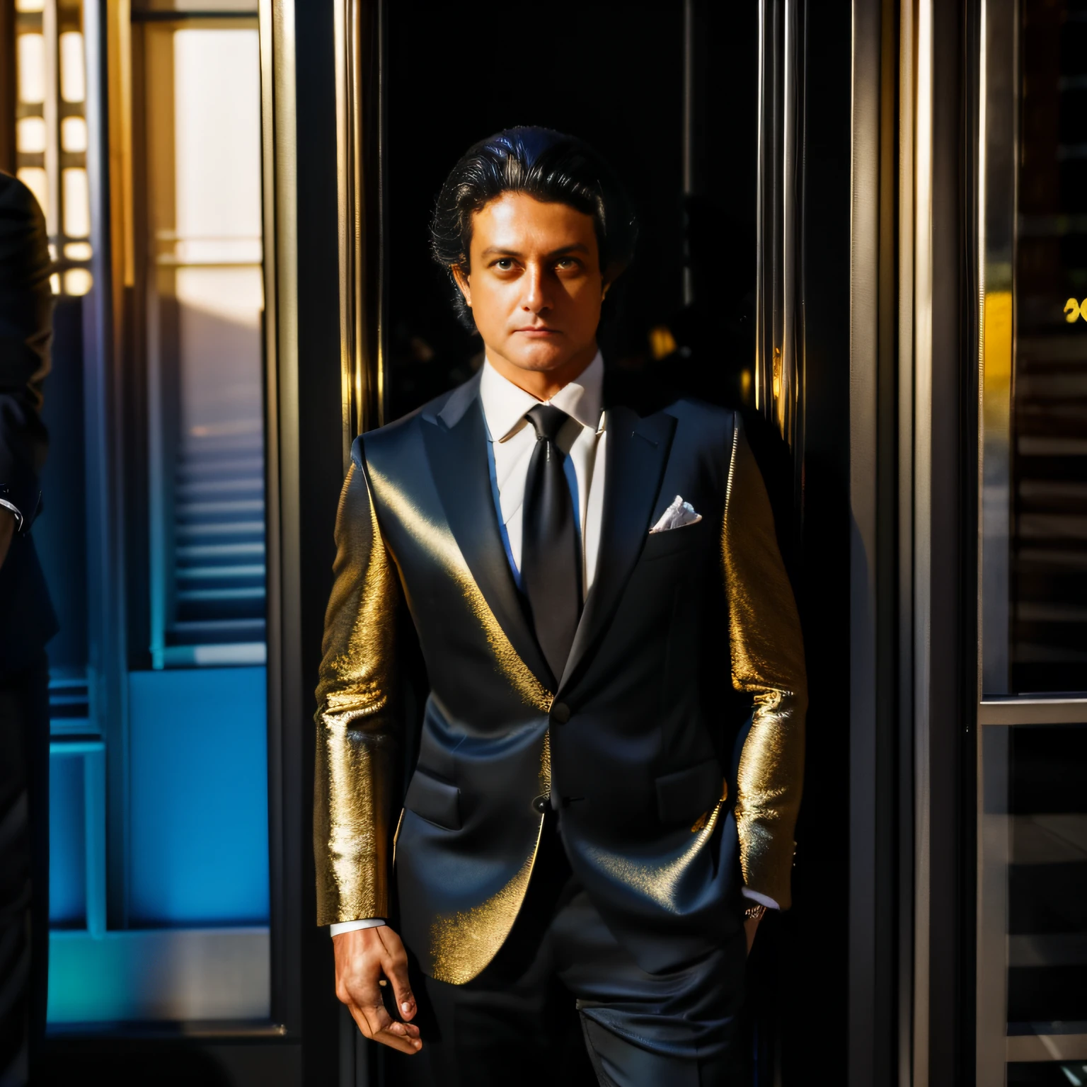 A full-length man leaning against a street window in a black Japanese business suit with gold accents looking out at the storefront at dusk, intricate, cinematic, ultra realistic, hyper detailed, 8K, smooth expressions, beautiful, Greg Rutkowski style and Borris Vallejo, (without watermark and signature), perfect anatomy.