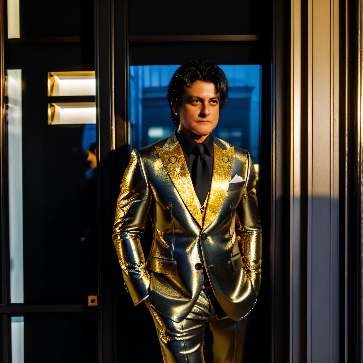 A full-length man leaning against a street window in a black Japanese business suit with gold accents looking out at the storefront at dusk, intricate, cinematic, ultra realistic, hyper detailed, 8K, smooth expressions, beautiful, Greg Rutkowski style and Borris Vallejo, (without watermark and signature), perfect anatomy.