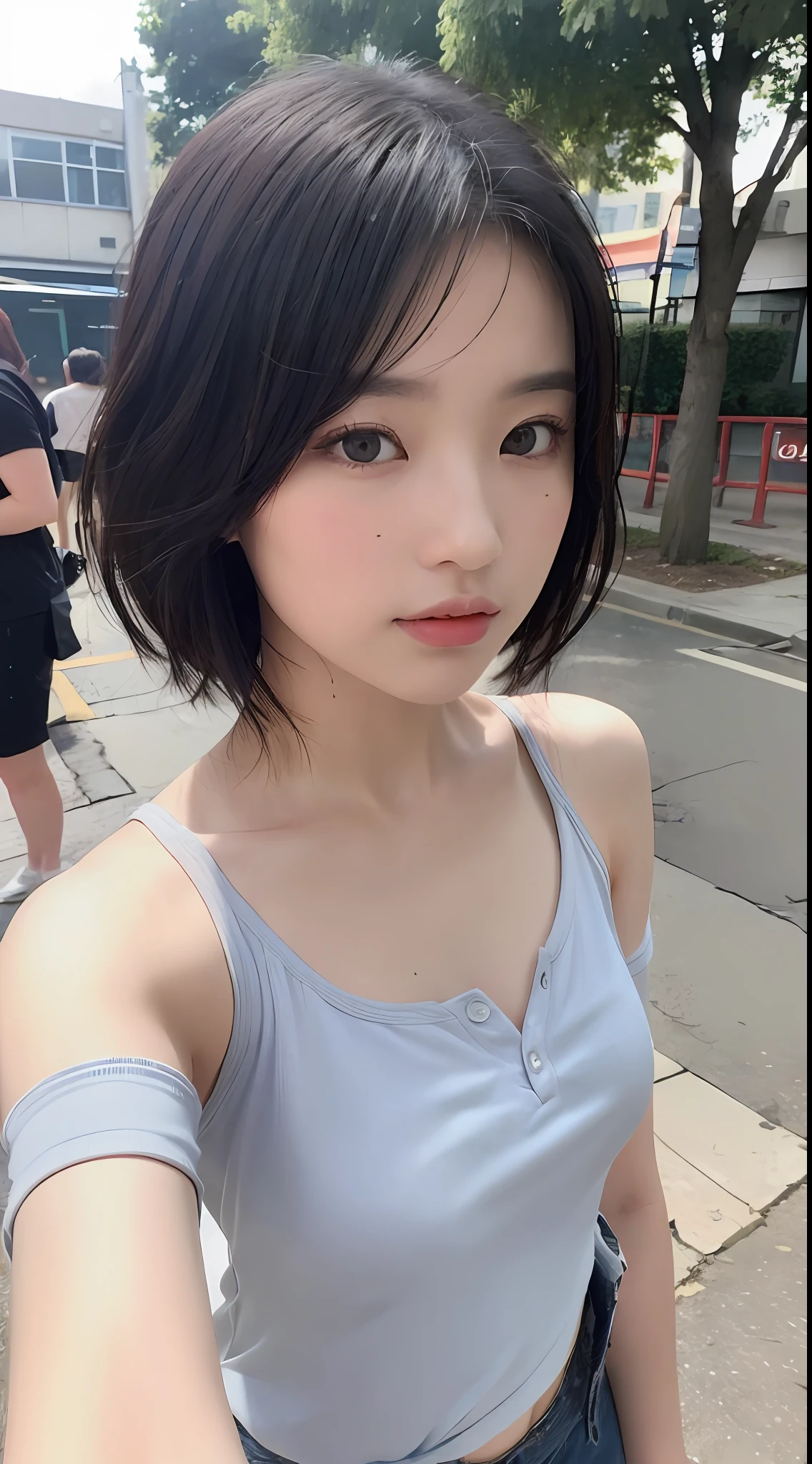 ((best qualtiy, 8k, tmasterpiece:1.3)), sharp:1.2, perfect figure beautiful woman:1.4, Slim abs:1.2, ((shoulder-length short hair, :1.2)), (White buttoned short-sleeved shirt：1.1），（the street：1.2），Get wet：1.5，Highly detailed facial and skin texture，A detailed eye，二重まぶた，looks into camera