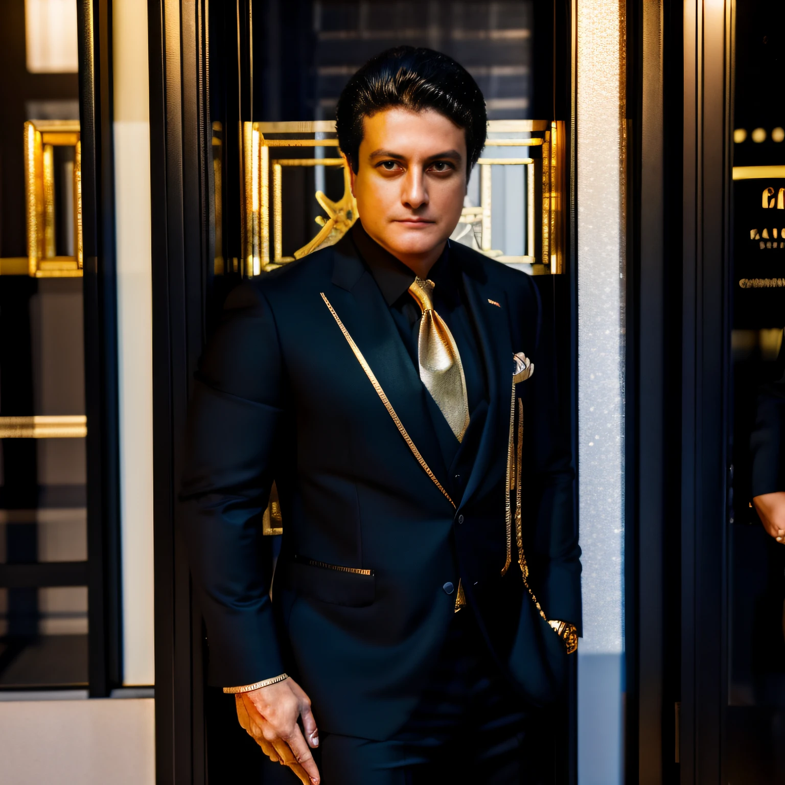 A full-length man leaning against a street window in a black Japanese business suit with gold accents looking out at the storefront at dusk, intricate, cinematic, ultra realistic, hyper detailed, 8K, smooth expressions, beautiful, Greg Rutkowski style and Borris Vallejo, (without watermark and signature), perfect anatomy.