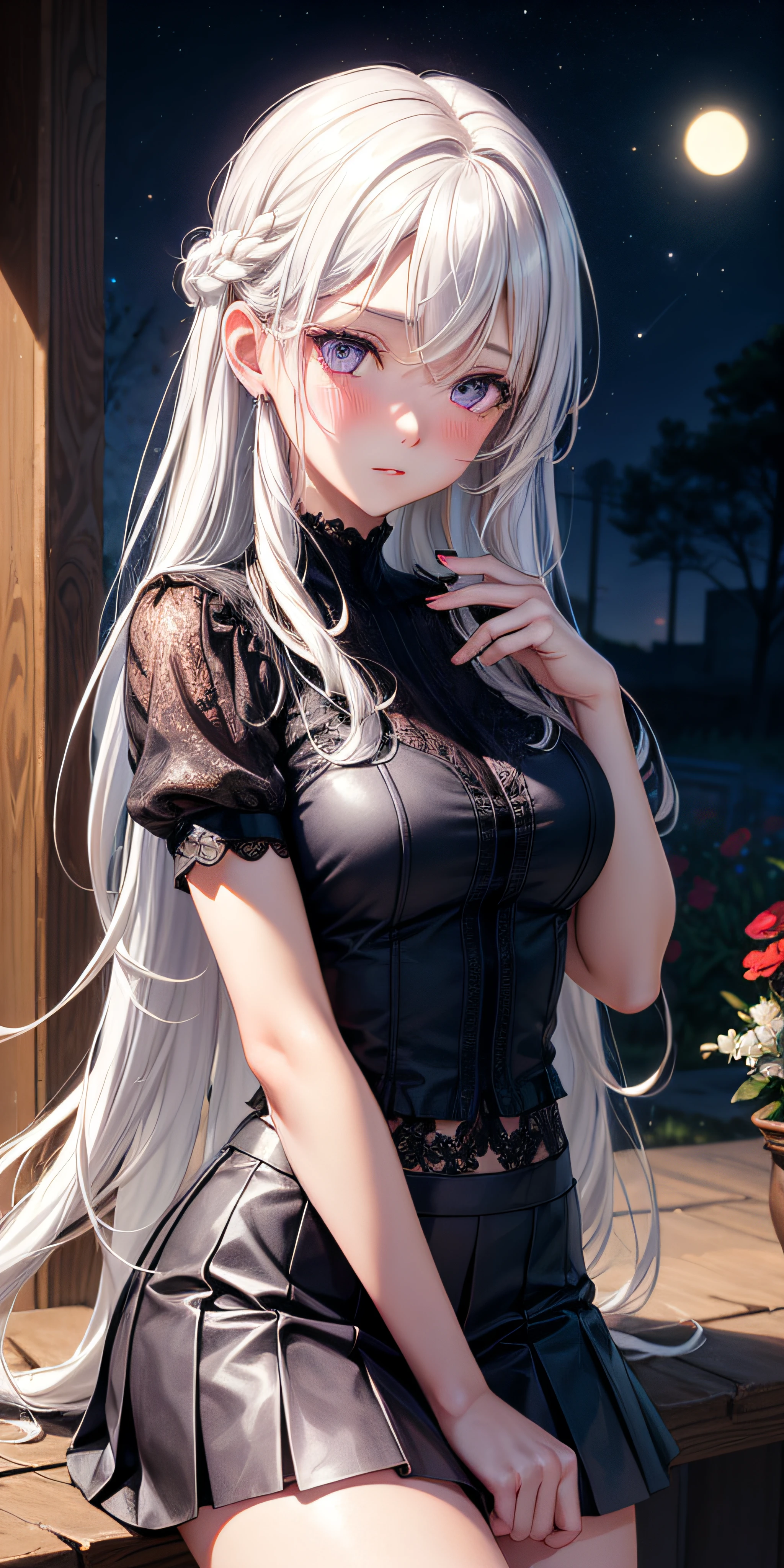 realistic, 1girl, white hair, purple eyes, glowing eyes, top, skirt, parted lips, blush, night, flowers, sun, sunlight, cute, kawaii, digital art, finely detailed eyes, embarrassed expression, long_hair, blushing, (highly detailed 8k wallpaper), best resolution, very_long_hair, masterpiece, semi-realistic