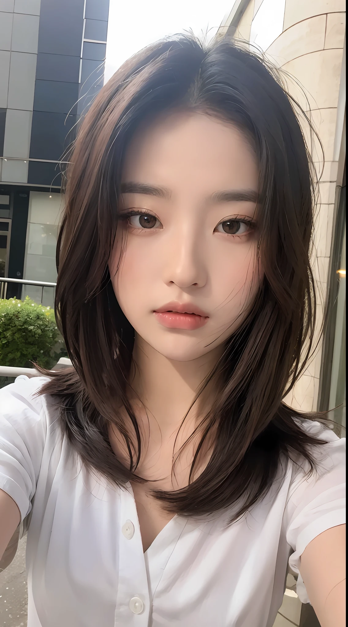 ((Best Quality, 8K, Masterpiece: 1.3)), Sharp: 1.2, Perfect Body Beauty: 1.4, Slim Abs: 1.2, ((Layered Hairstyle, :1.2)), (White Button Short Sleeve Shirt: 1.1), (Street: 1.2), Wet: 1.5, Highly detailed face and skin texture, Fine eyes, double eyelids, looking at the camera