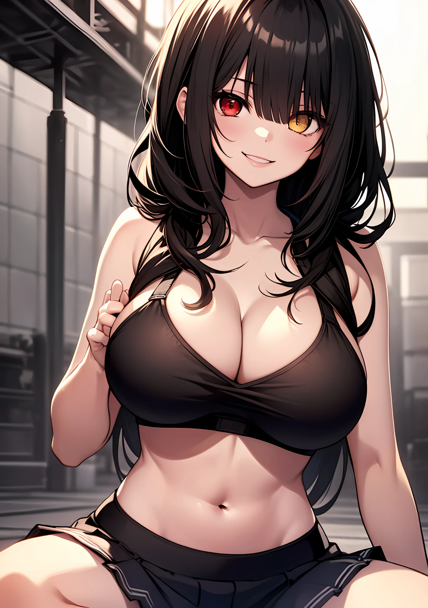 Masterpiece, high quality, 1girl, ((tokisaki kurumi)), monochrome, black hair, sport bra, mini skirt, ((right red eye:1, left yellow eye))), smile, kawaii, sitting, beautiful body, kawaii face, looking at viewer, big boobs
