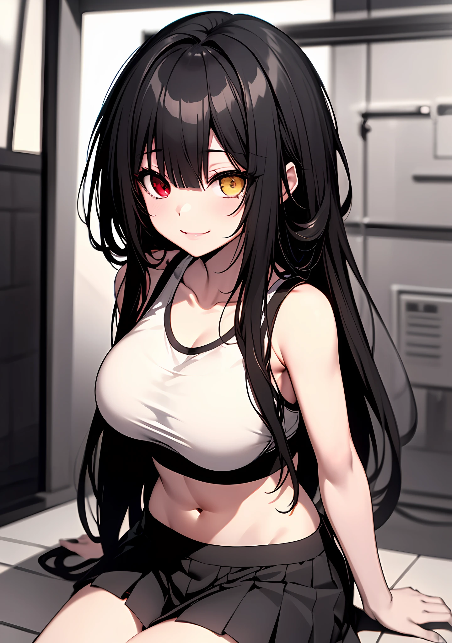 Masterpiece, high quality, 1girl, ((tokisaki kurumi)), monochrome, black hair, sport bra, mini skirt, ((right red eye:1, left yellow eye))), smile, kawaii, sitting, beautiful body, kawaii face, looking at viewer, big boobs