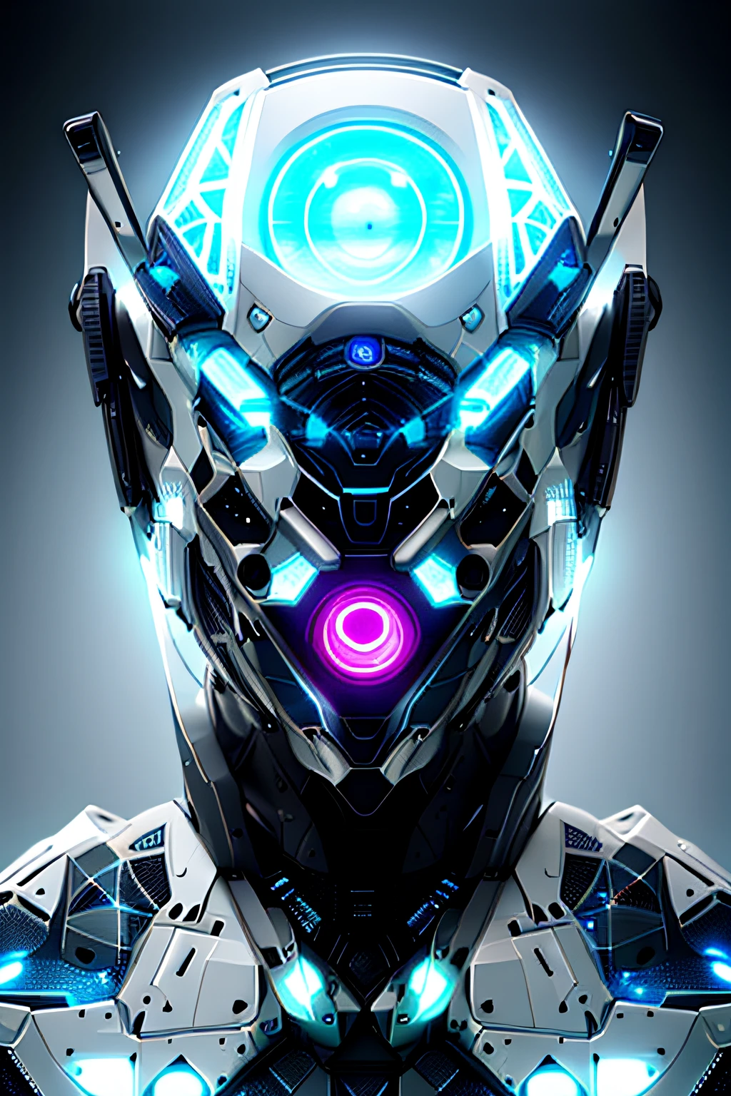 Close-up of futuristic helmet with glowing eye, symmetry! Futuristic Robotics, Portrait of a futuristic robot, In white futuristic armor, symmetry!! Portrait of a cyborg, detailed portrait of a cyborg, Close-up portrait of a cyborg, Sci-fi Face, Sci-fi Face, Futuristic robot, Attractive sci-fi face, Cybernetic and highly detailed